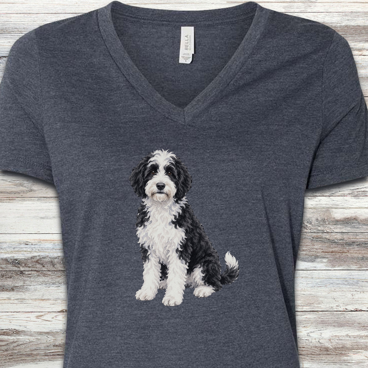 Sheepadoodle Watercolor V-Neck Tee - Heather Navy
