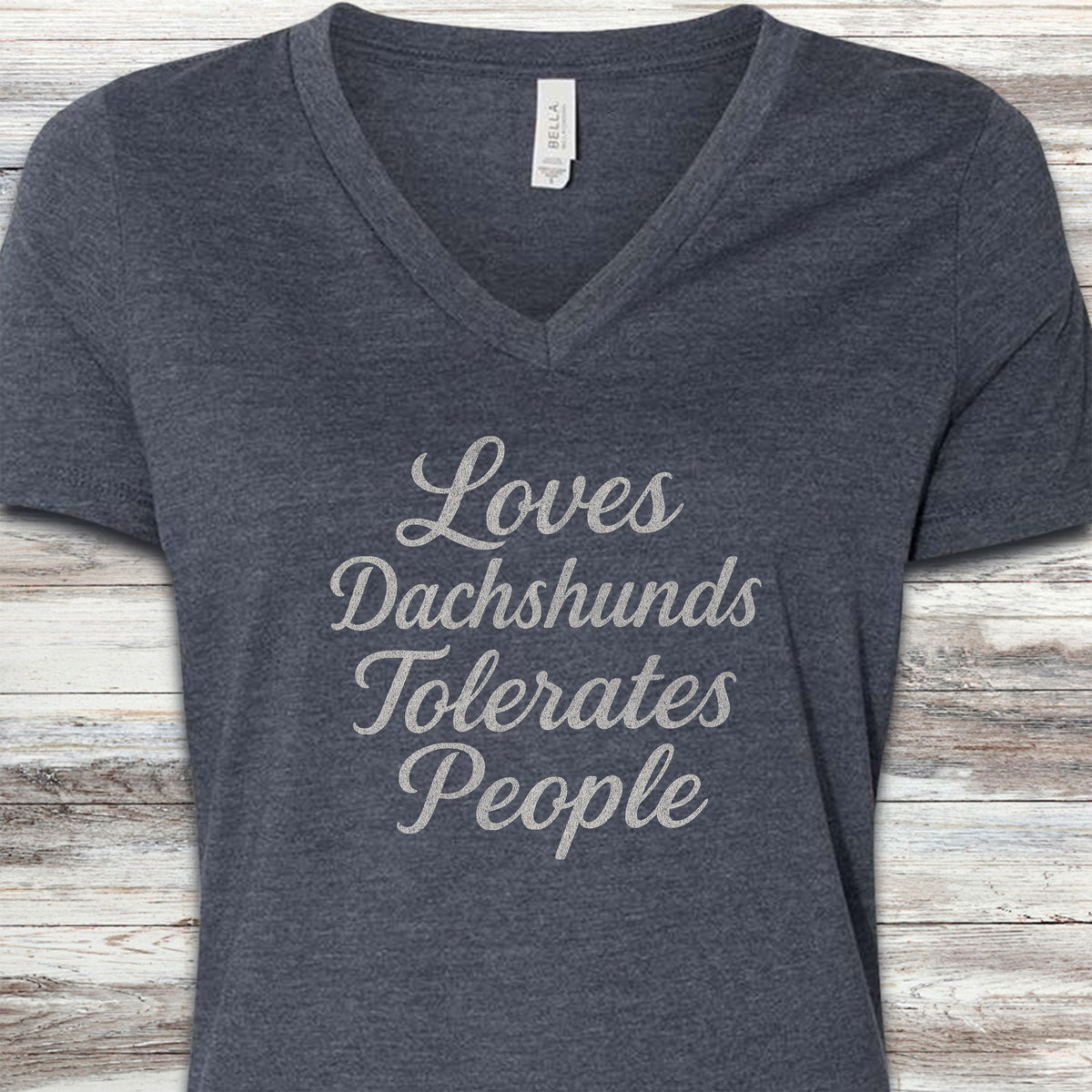 Dachshund Tolerates People V-Neck Tee - Heather Navy