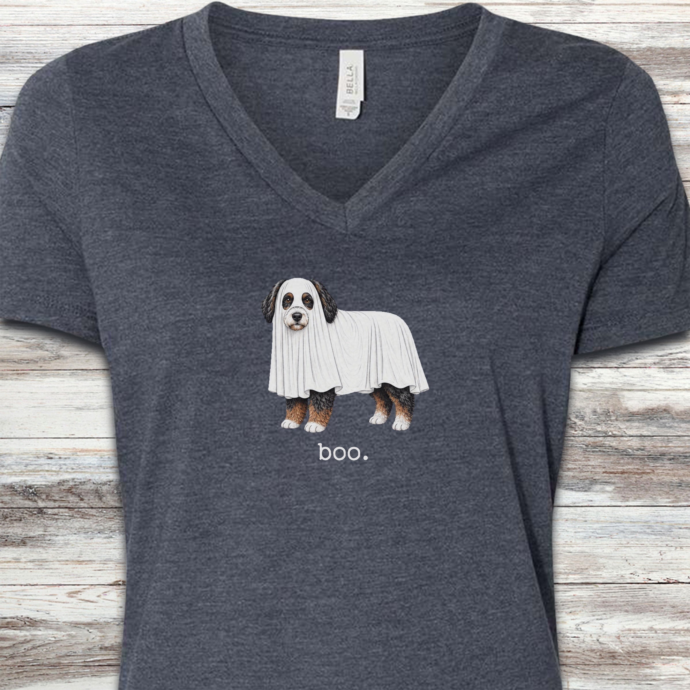 Bernedoodle Boo V-Neck Tee - Heather Navy