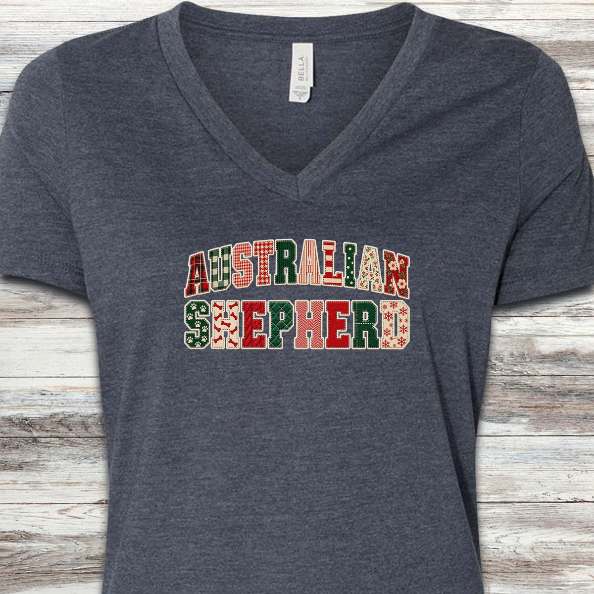 Australian Shepherd Holiday Faux Patchwork V-Neck Tee - Heather Navy