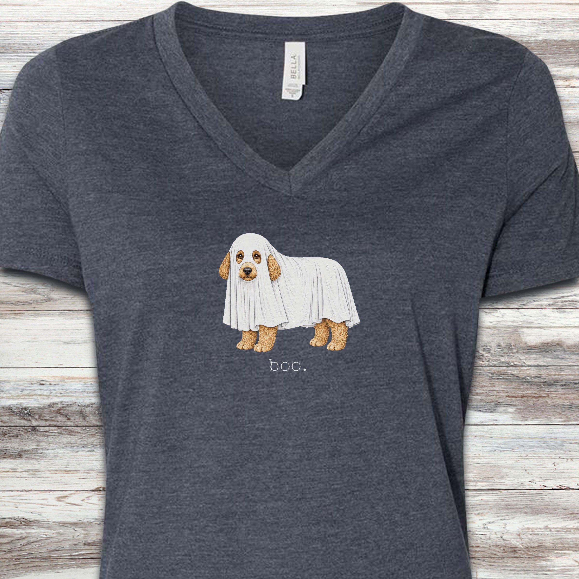 Goldendoodle Boo V-Neck Tee - Heather Navy