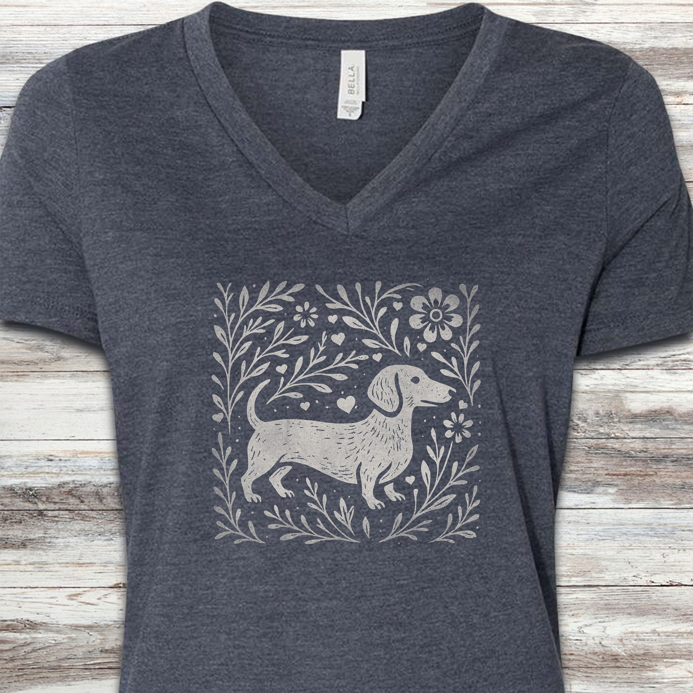 Dachshund Linocut V-Neck Tee - Heather Navy