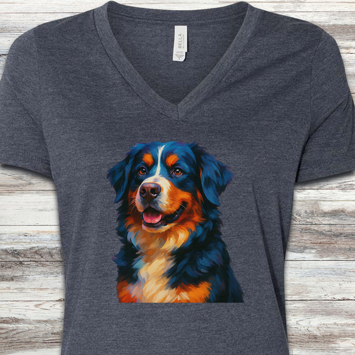 Bernese Mountain Dog Oil Painting V-Neck Tee - Heather Navy