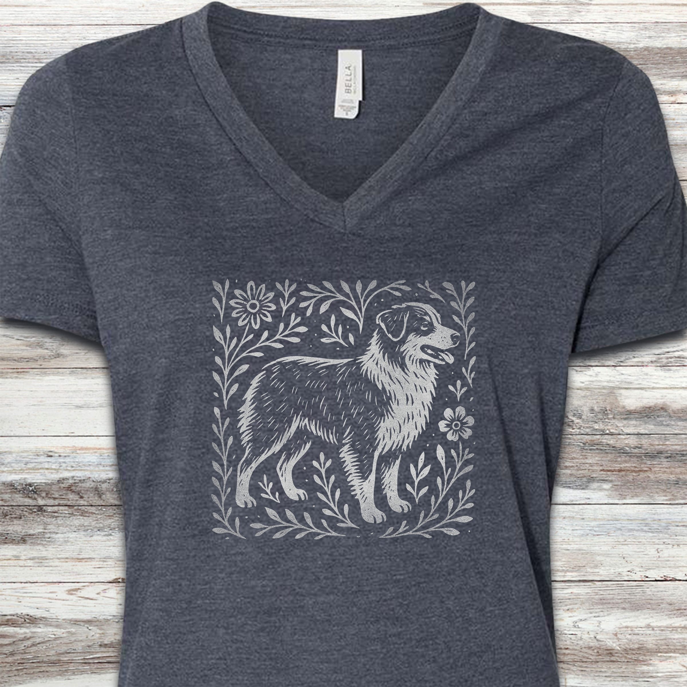 Australian Shepherd Linocut V-Neck Tee - Heather Navy