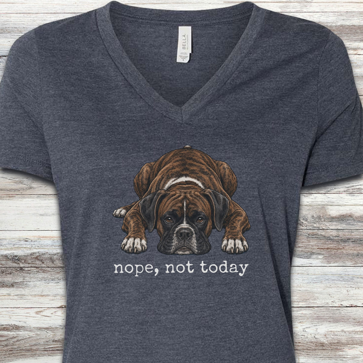 Boxer Brindle Nope V-Neck Tee - Heather Navy