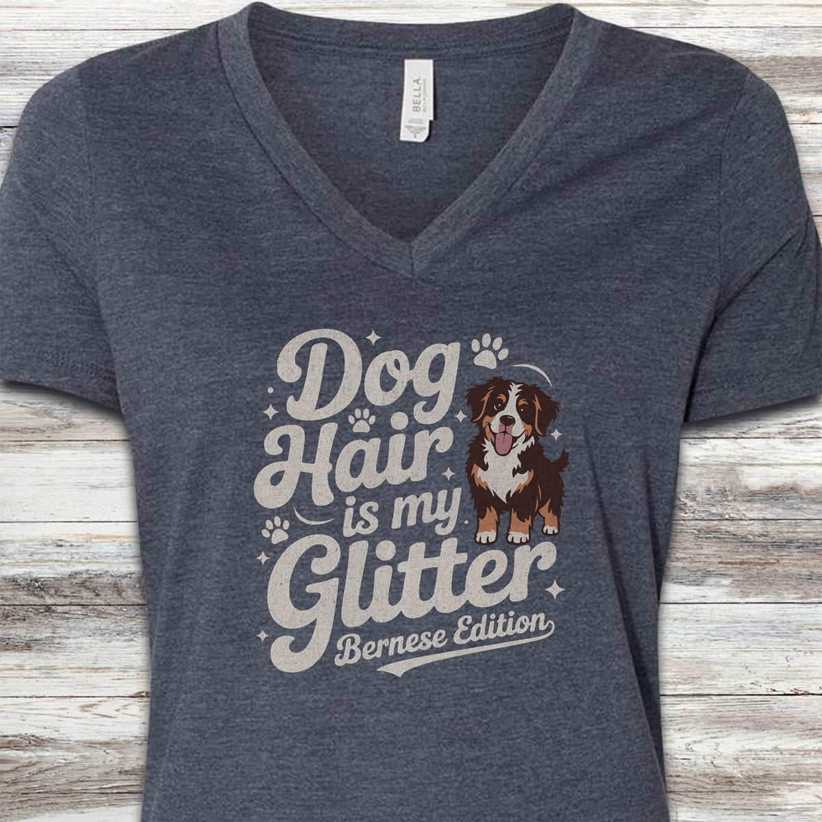 Bernese Mountain Dog Glitter V-Neck Tee - Heather Navy