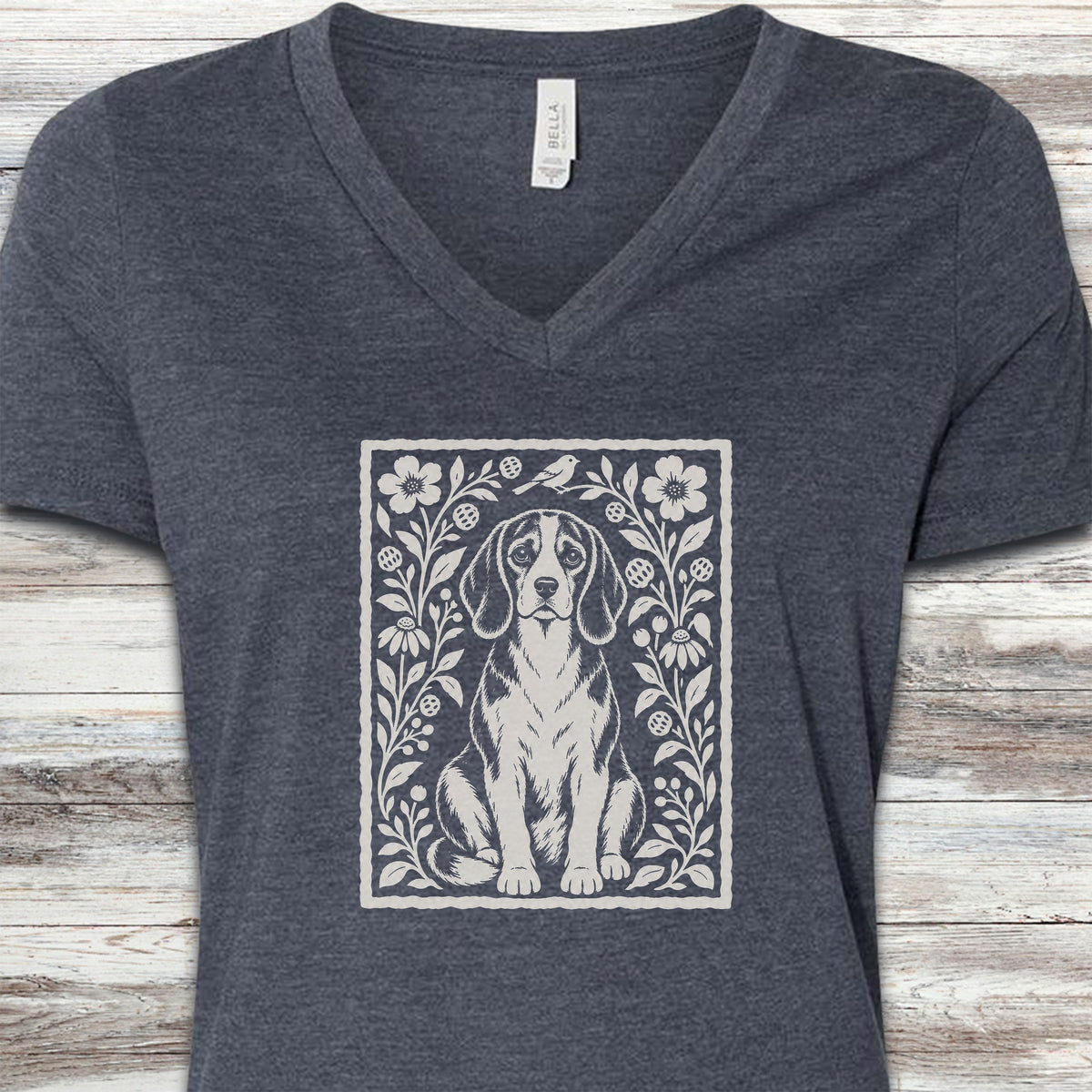Beagle Folk Art Floral V-Neck Tee - Heather Navy