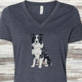 Border Collie Watercolor V-Neck Tee - Heather Navy