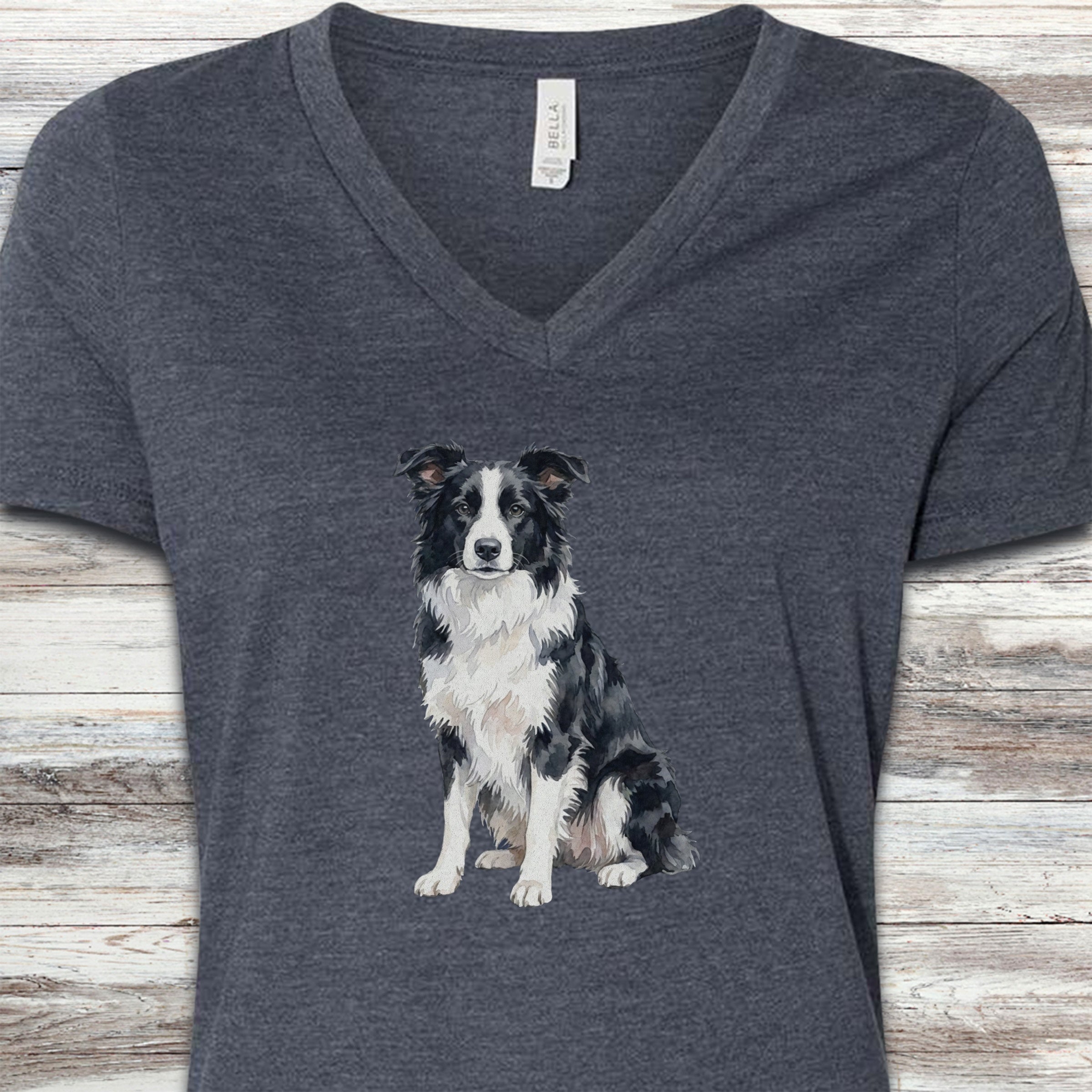 Border Collie Watercolor V-Neck Tee - Heather Navy