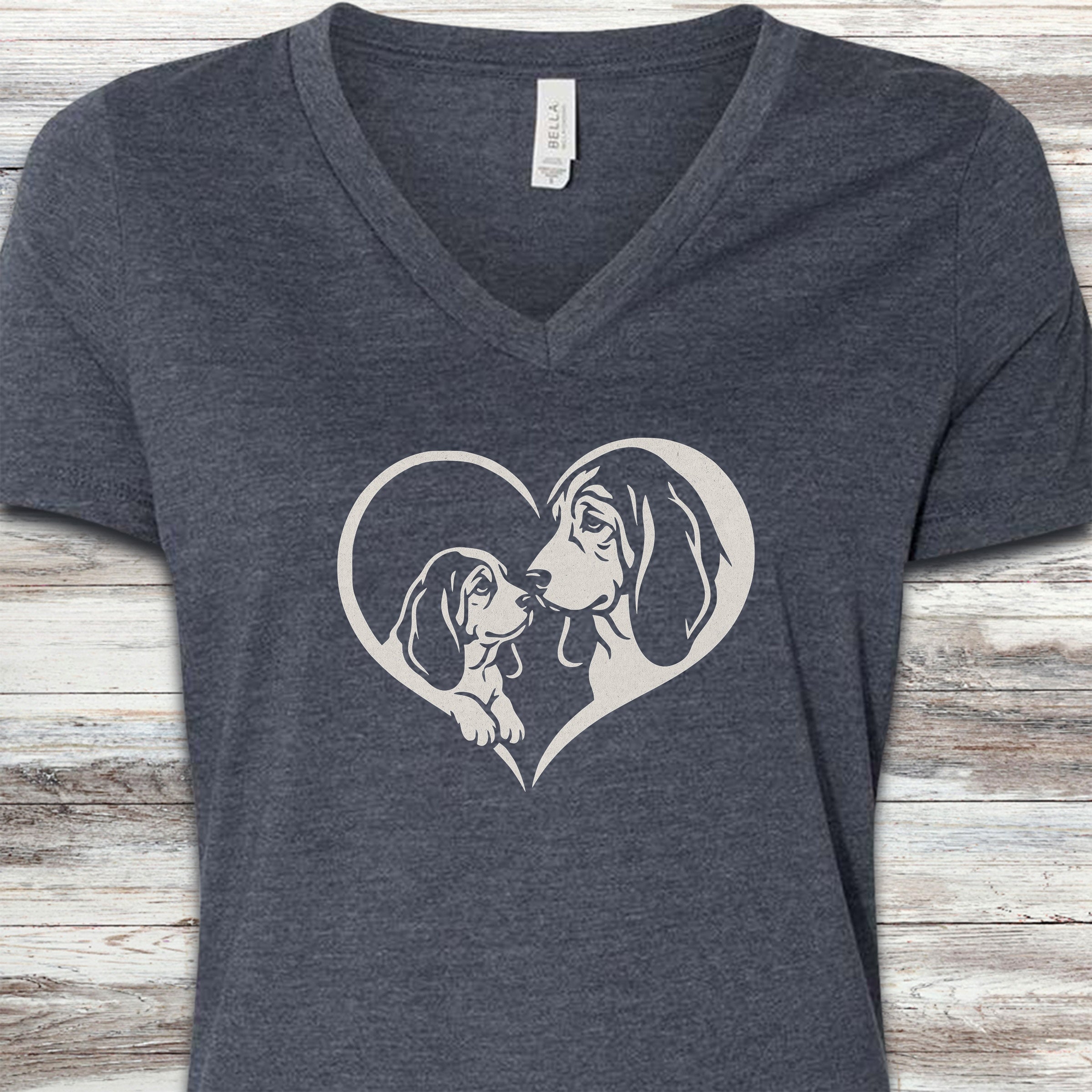 Basset Hound Heart Bond V-Neck Tee - Heather Navy
