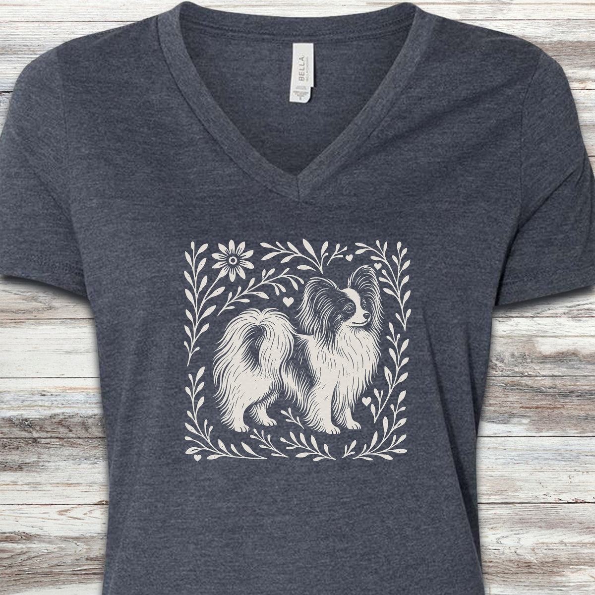Papillon Linocut V-Neck Tee - Heather Navy