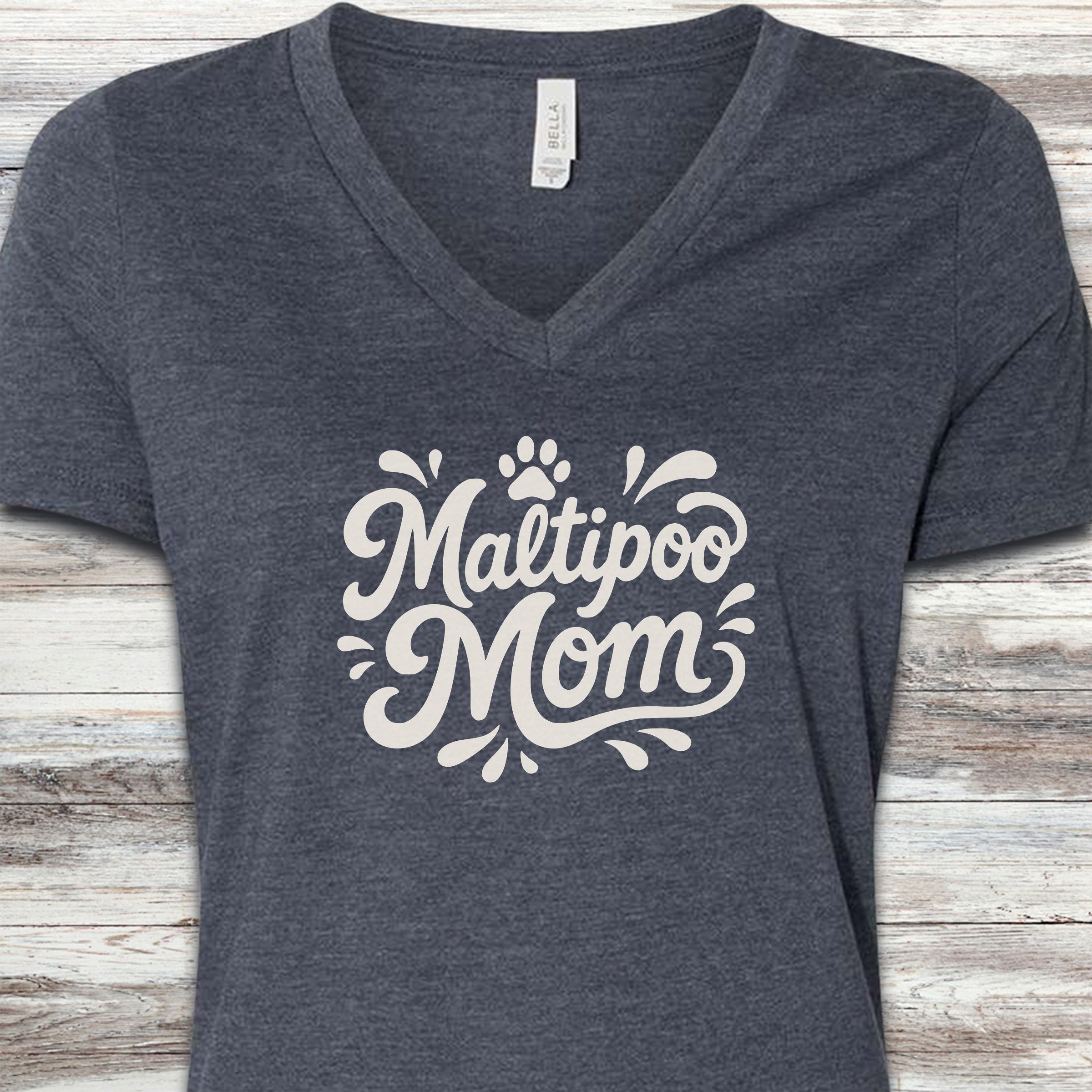 Maltipoo Groovy Mom V-Neck Tee - Heather Navy