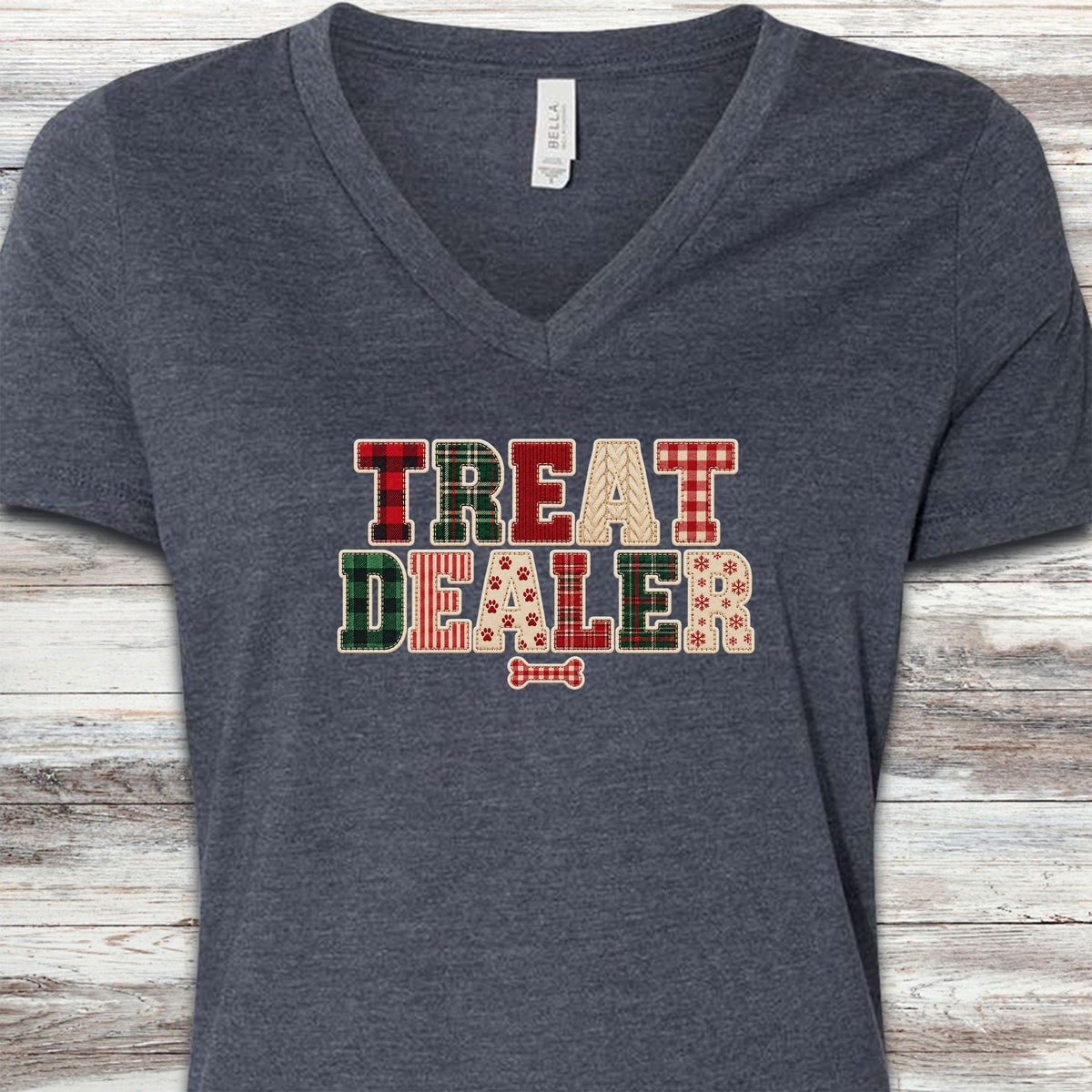 Treat Dealer Holiday Faux Patchwork V-Neck Tee - Heather Navy