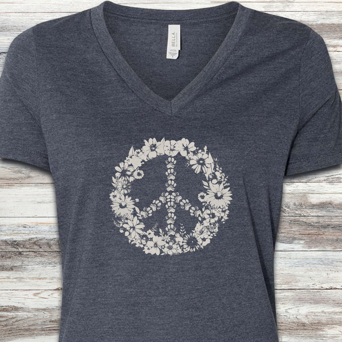 Vintage Floral Peace V-Neck Tee - Heather Navy
