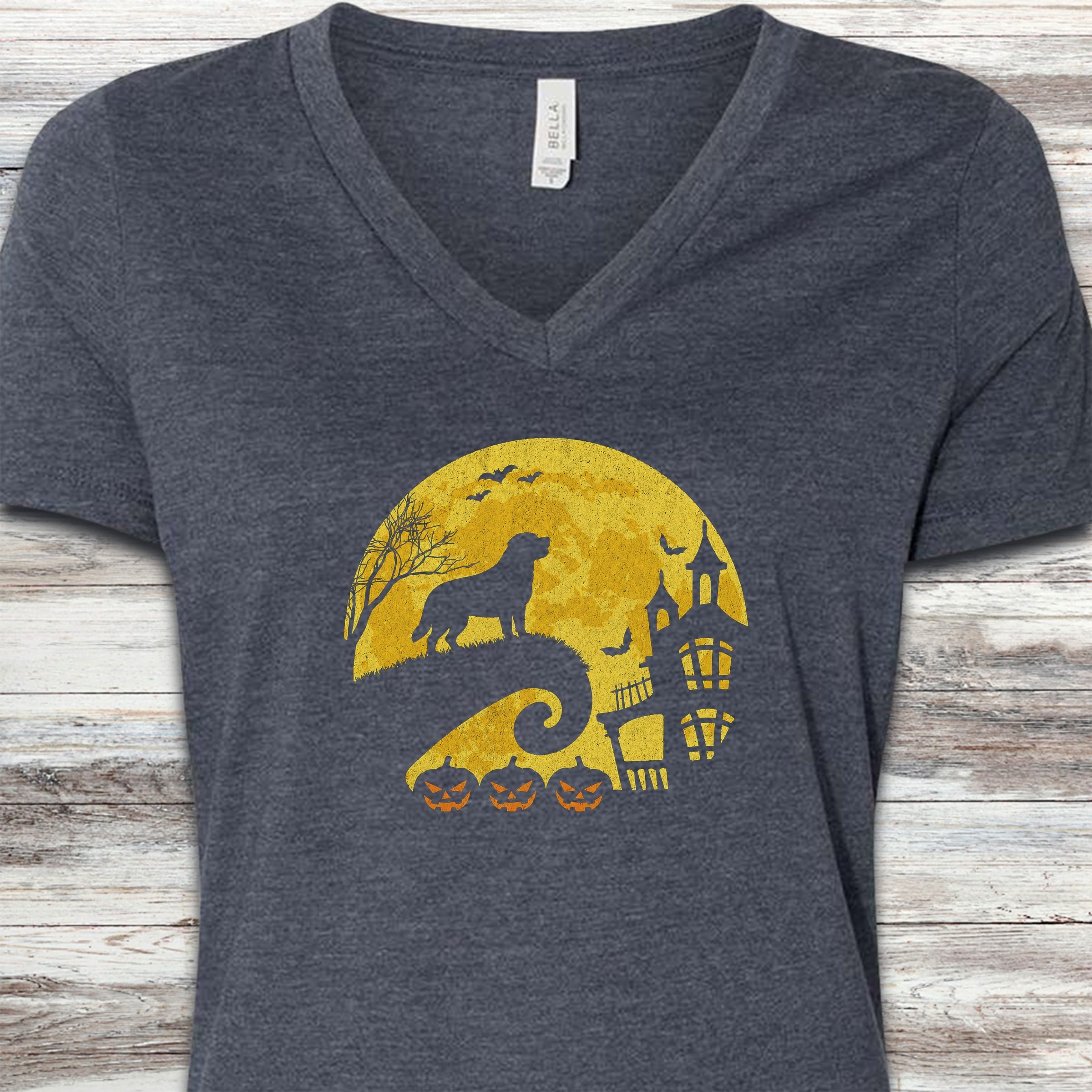 Swiss Mountain Dog Halloween Moon V-Neck Tee - Heather Navy