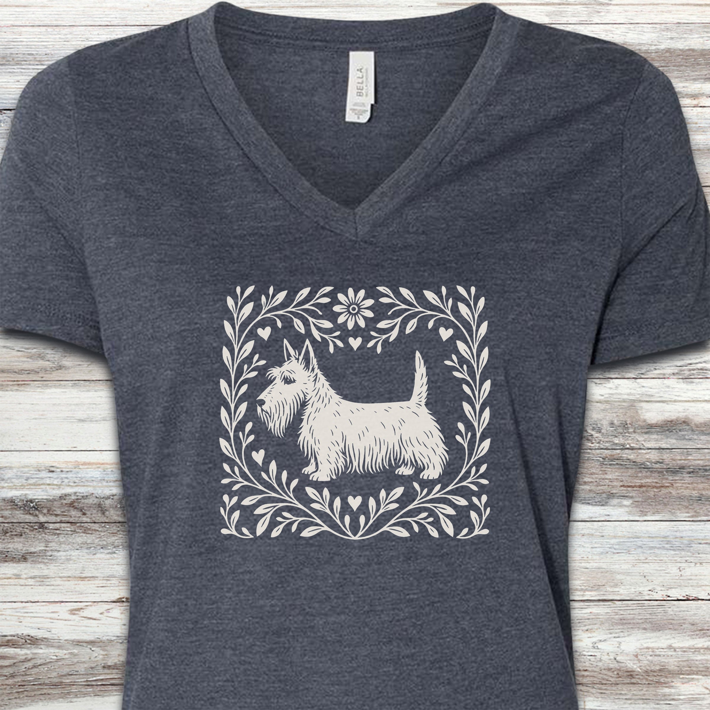 Scottish Terrier Linocut V-Neck Tee - Heather Navy