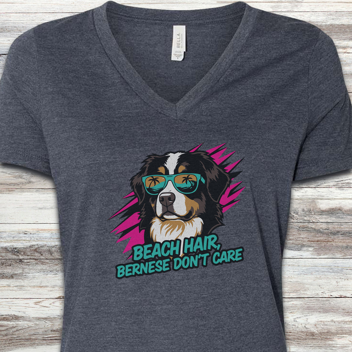 Bernese Mountain Dog Beach Hair V-Neck Tee - Heather Navy