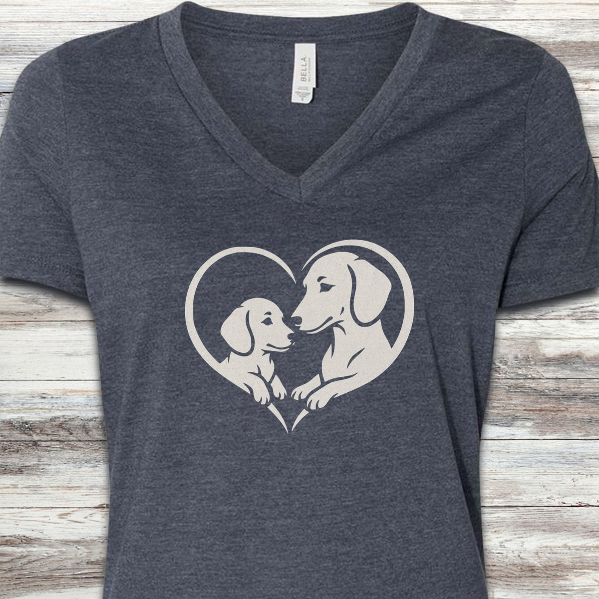 Dachshund Heart Bond V-Neck Tee - Heather Navy