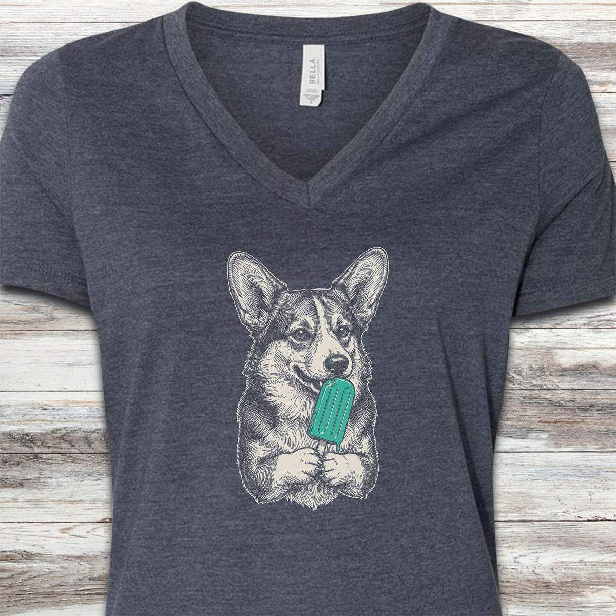 Corgi Pupsicle V-Neck Tee - Heather Navy