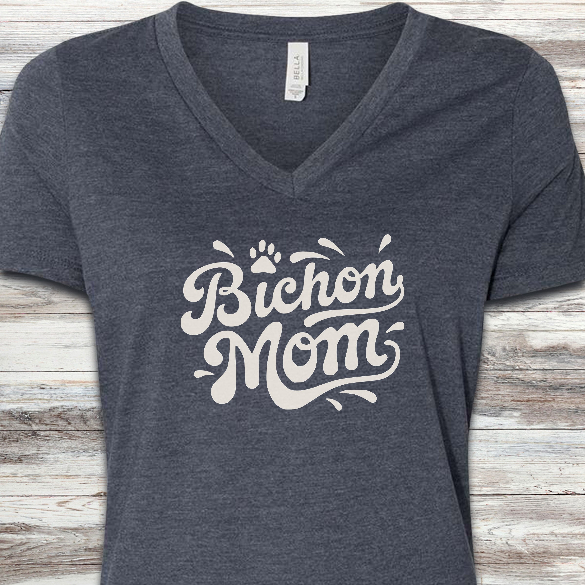 Bichon Frise Groovy Mom V-Neck Tee - Heather Navy