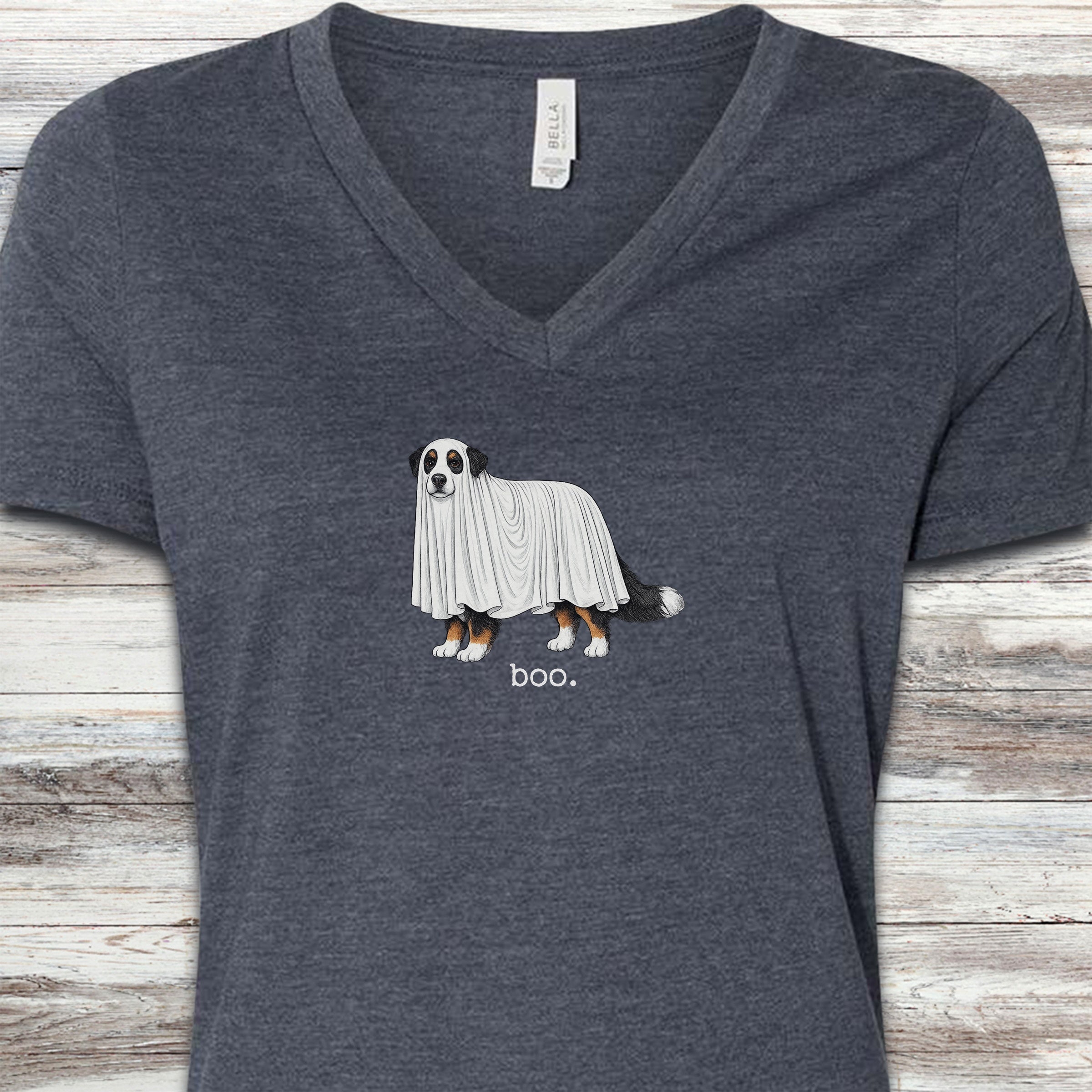 Bernese Mountain Dog Boo V-Neck Tee - Heather Navy