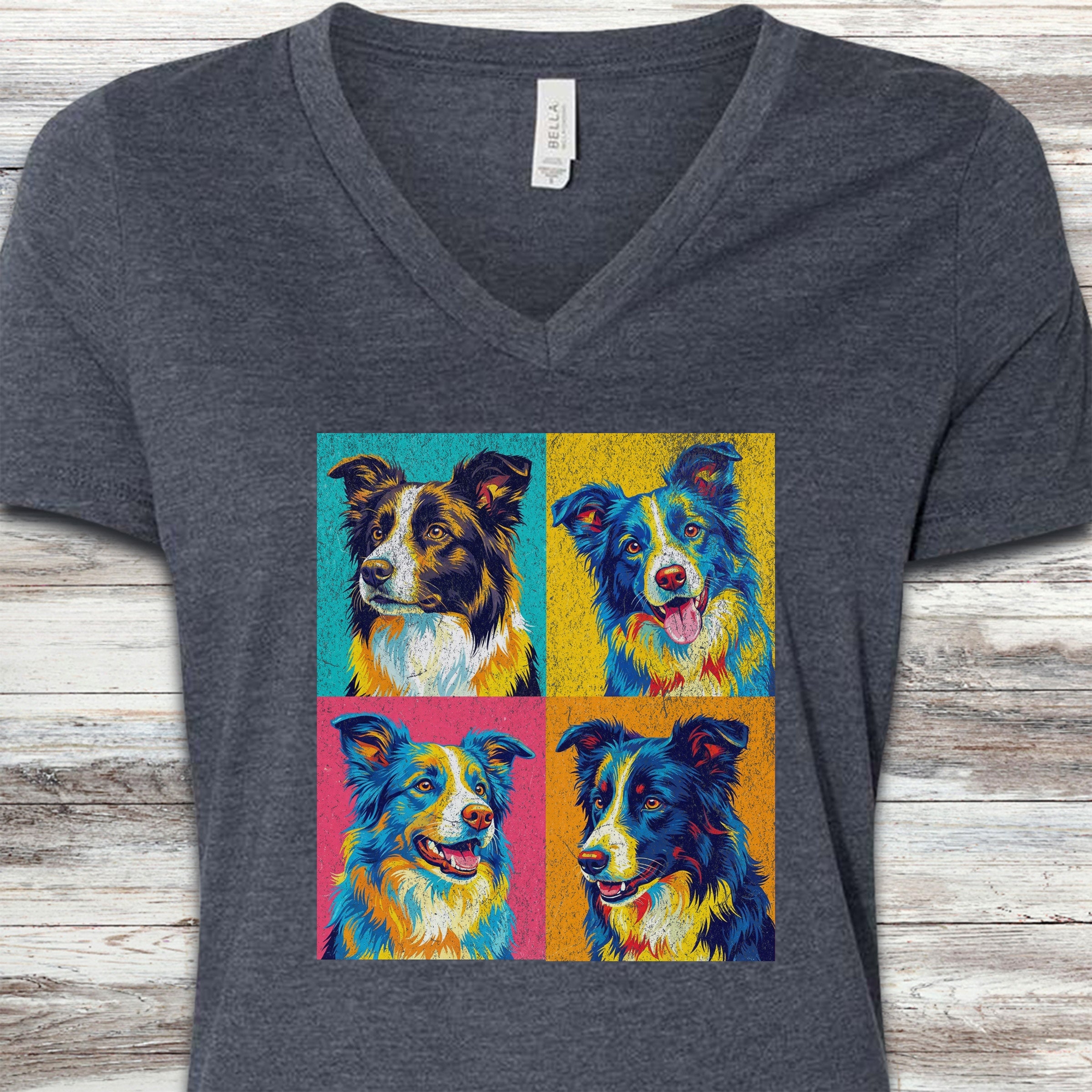 Border Collie Pop Art V-Neck Tee - Heather Navy