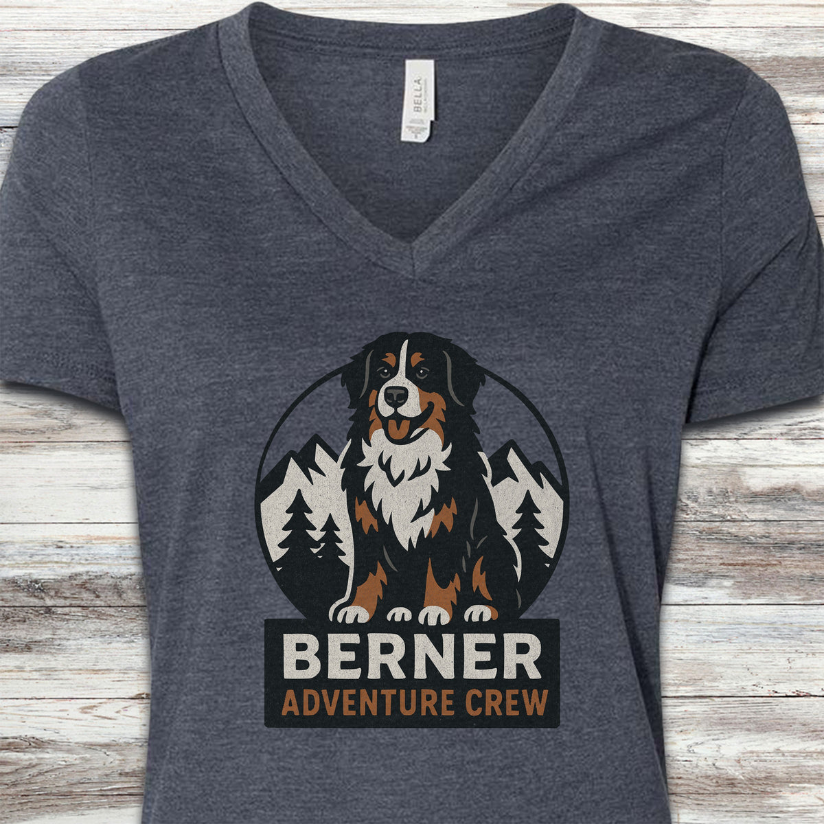 Bernese Mountain Dog Adventure Crew V-Neck Tee - Heather Navy