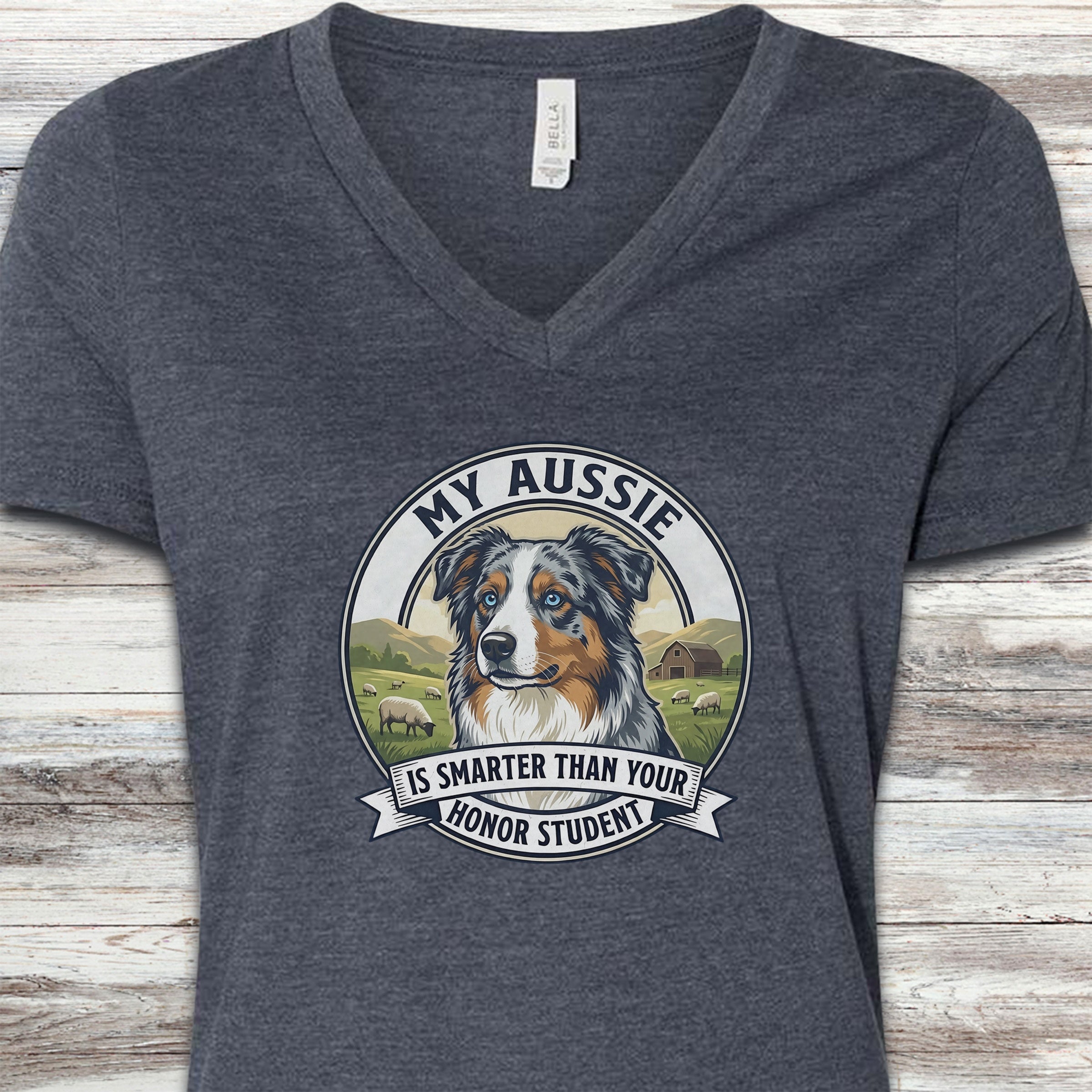 Australian Shepherd Aussie Smart V-Neck Tee - Heather Navy