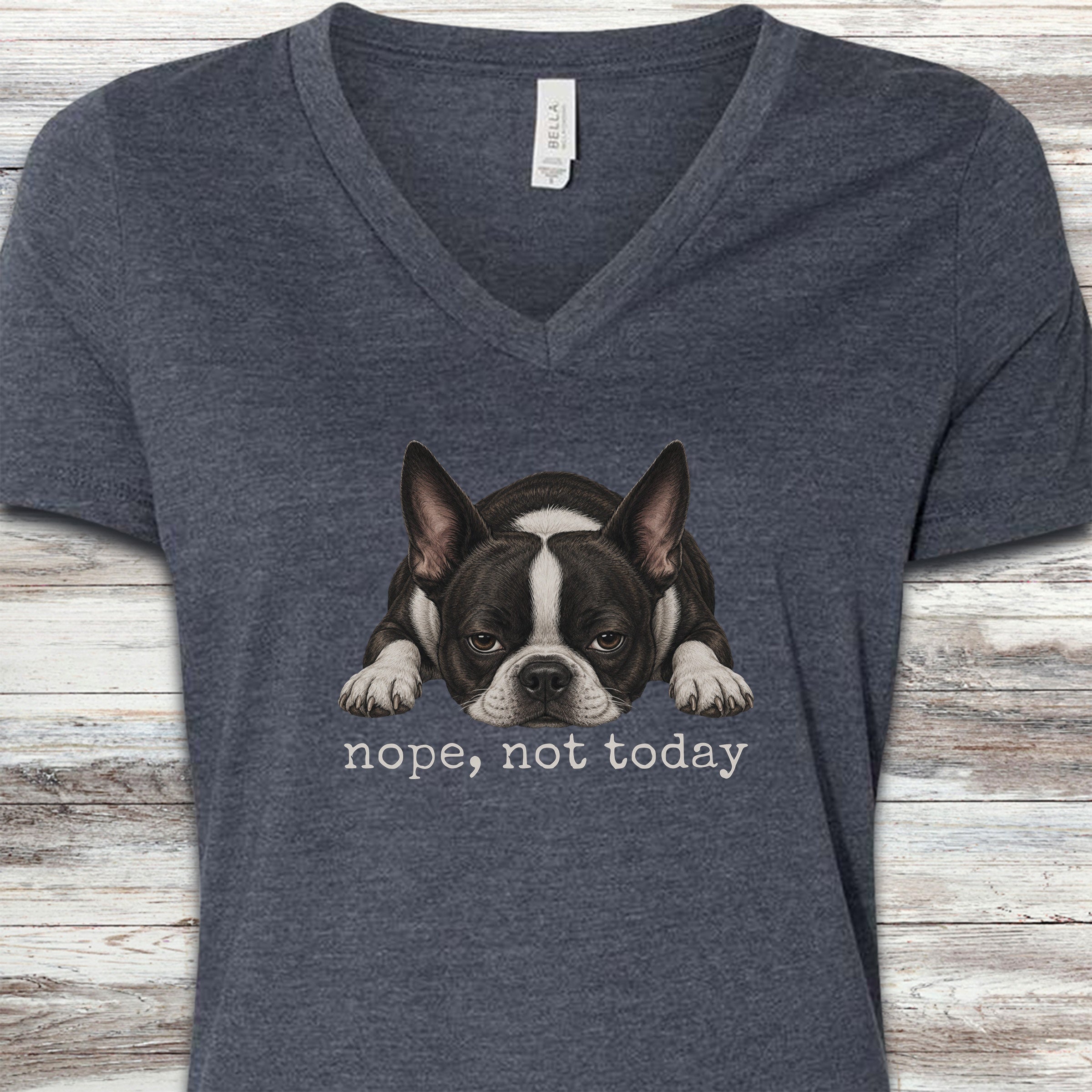 Boston Terrier Nope V-Neck Tee - Heather Navy
