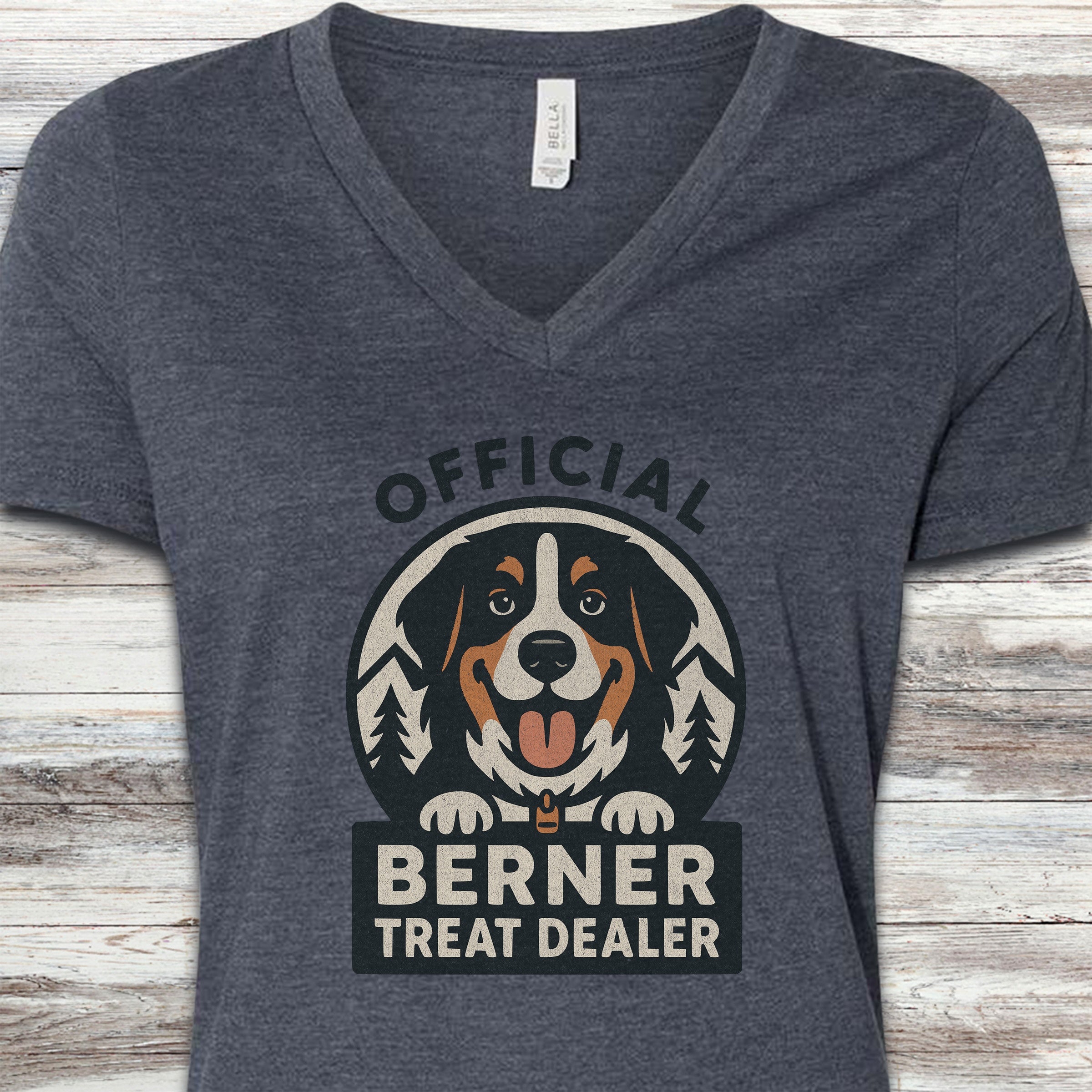 Bernese Mountain Dog Treat Dealer V-Neck Tee - Heather Navy