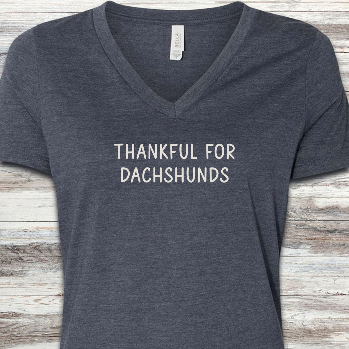 Dachshund Thankful V-Neck Tee - Heather Navy