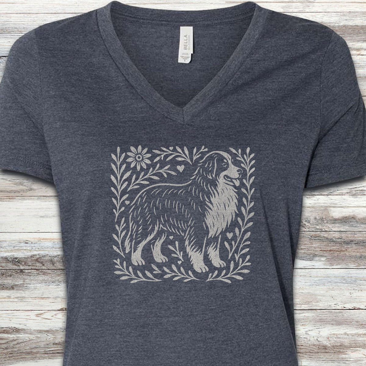 Bernese Mountain Dog Linocut V-Neck Tee - Heather Navy
