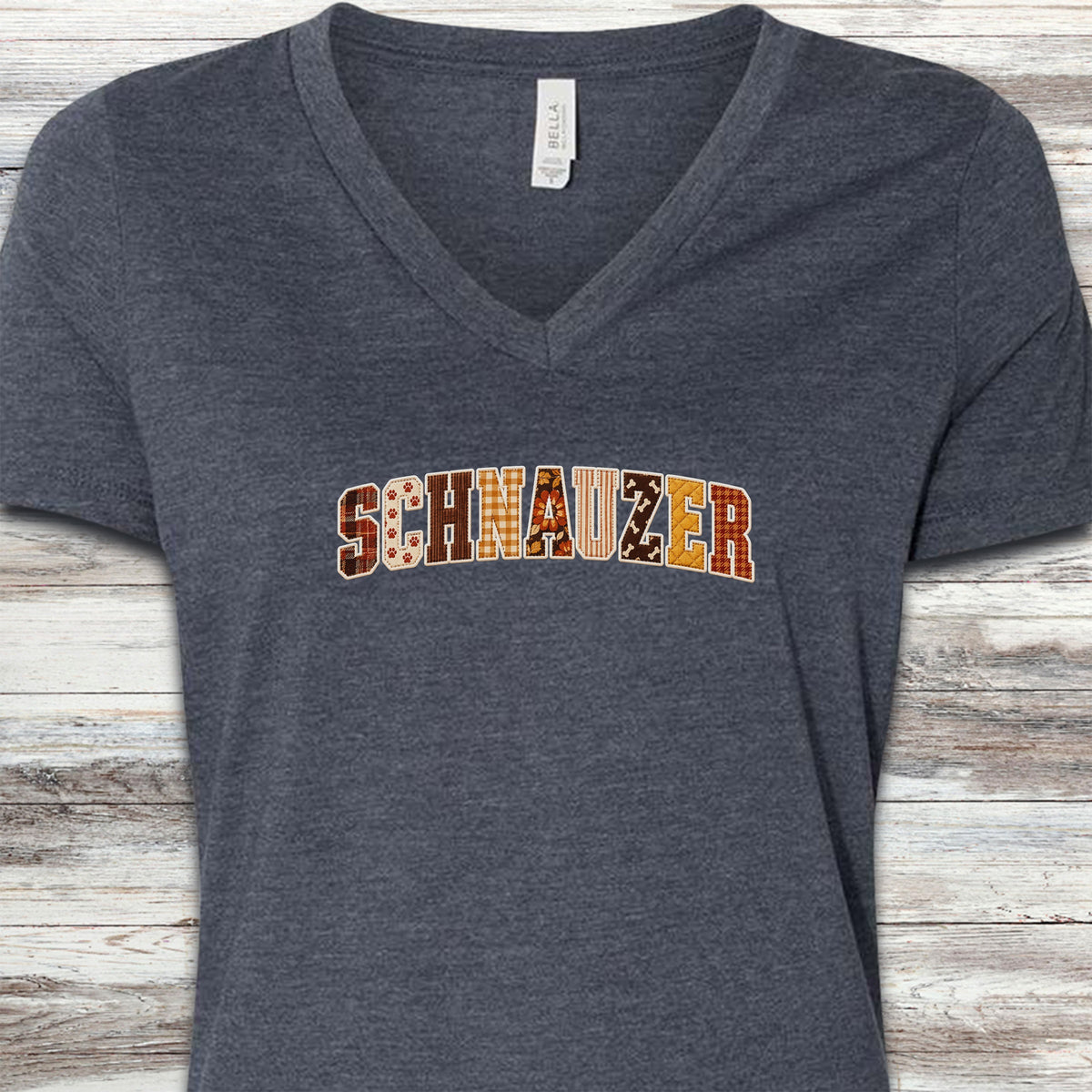 Schnauzer Fall Faux Patchwork V-Neck Tee - Heather Navy