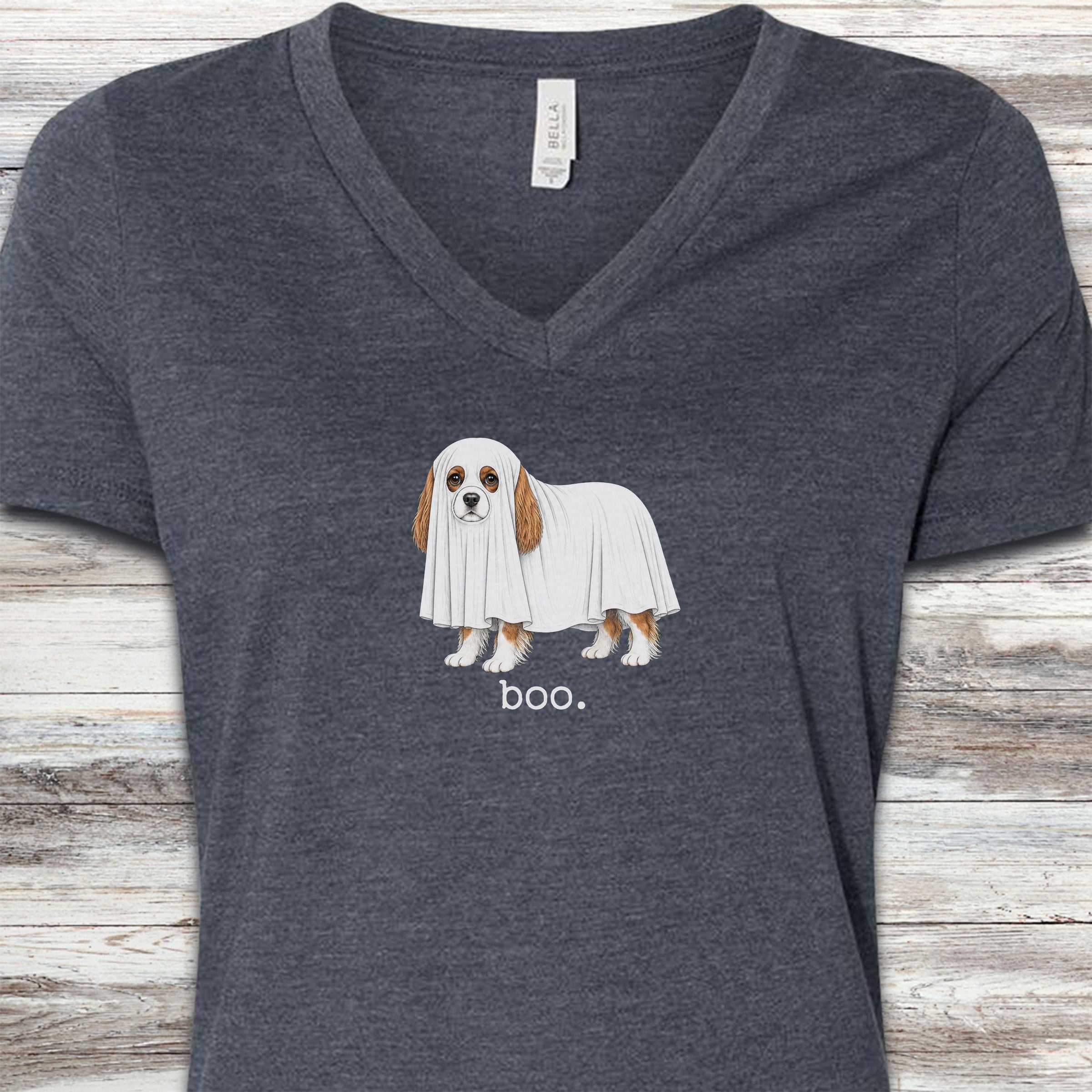 Cavalier King Charles Spaniel Boo V-Neck Tee - Heather Navy