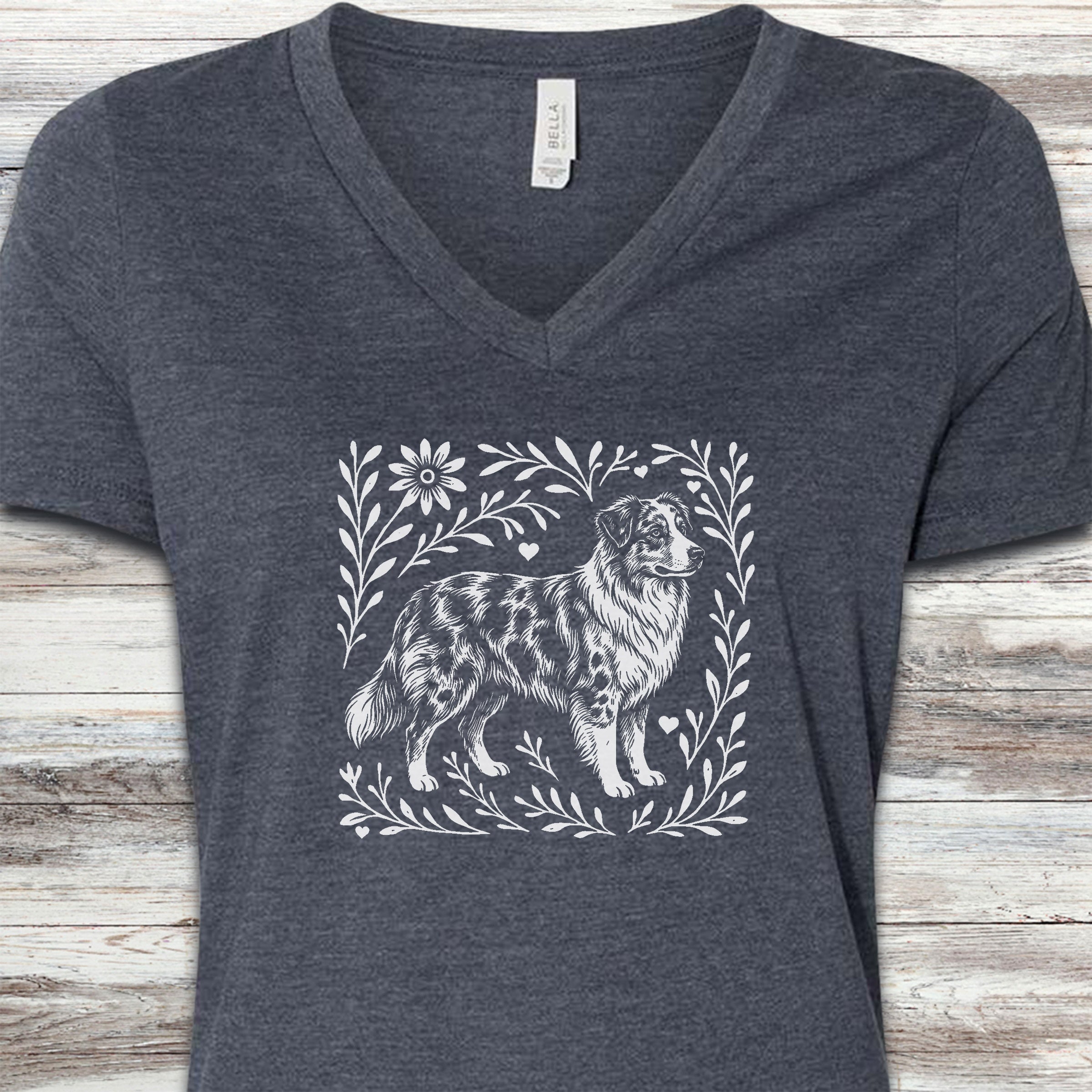 Australian Shepherd Merle Linocut V-Neck Tee - Heather Navy