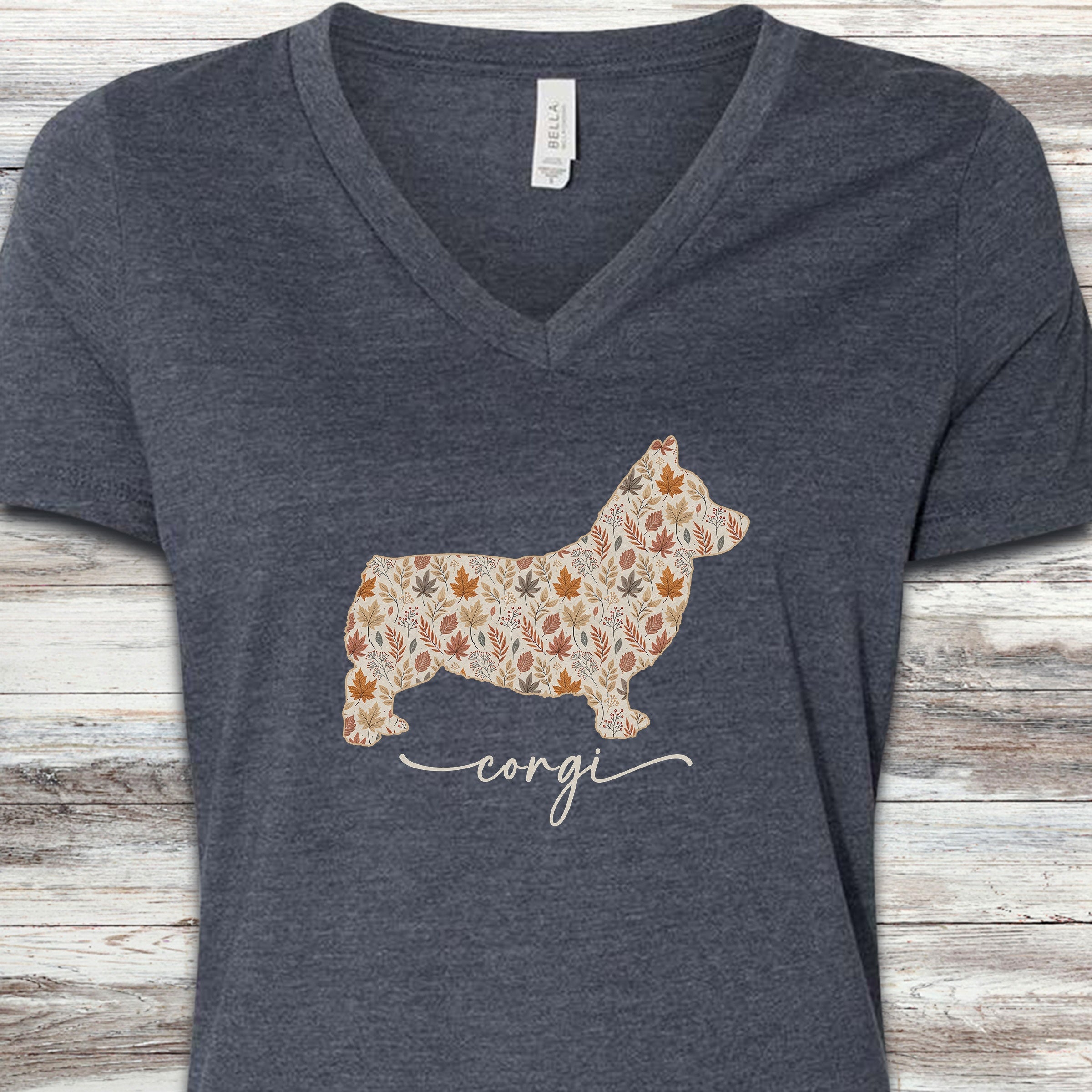 Corgi Fall V-Neck Tee - Heather Navy