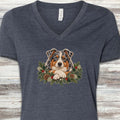 Australian Shepherd Winter Greenery Faux Embroidery V-Neck Tee - Heather Navy
