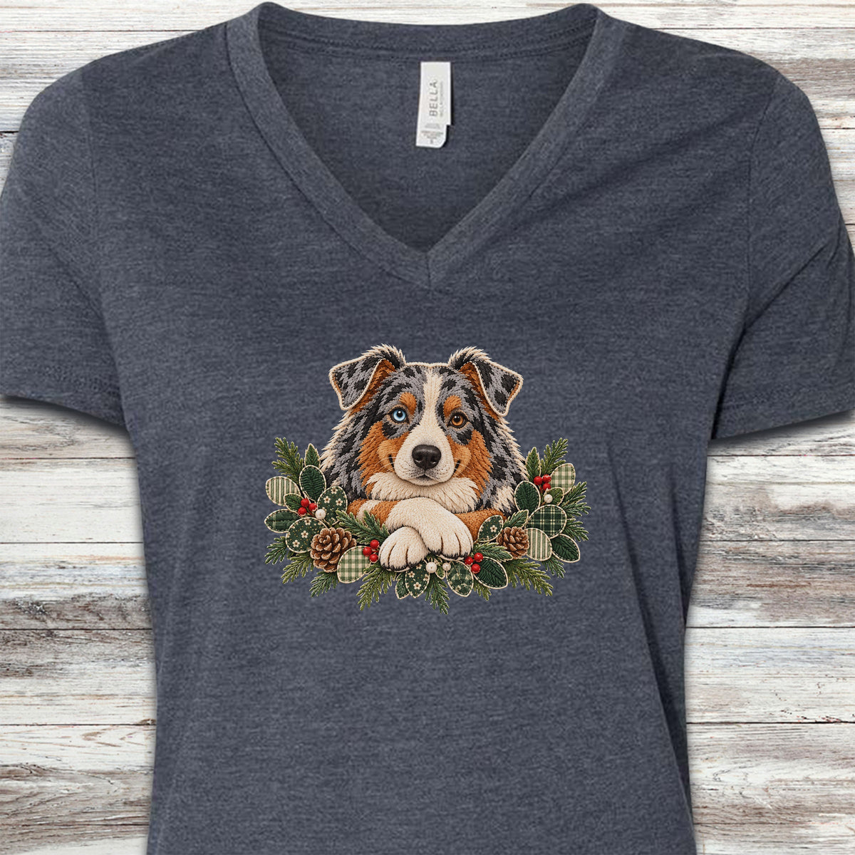 Australian Shepherd Winter Greenery Faux Embroidery V-Neck Tee - Heather Navy