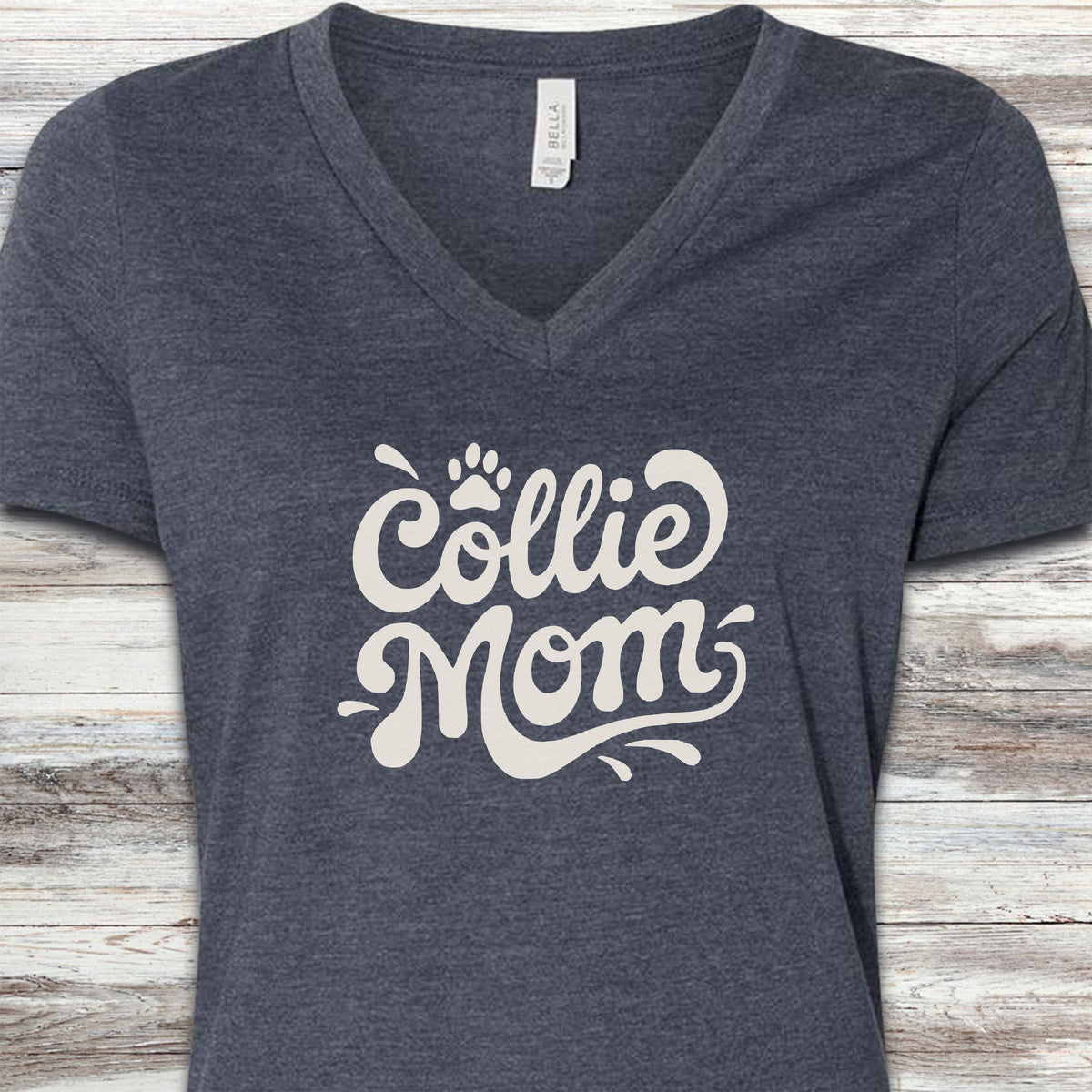 Collie Groovy Mom V-Neck Tee - Heather Navy
