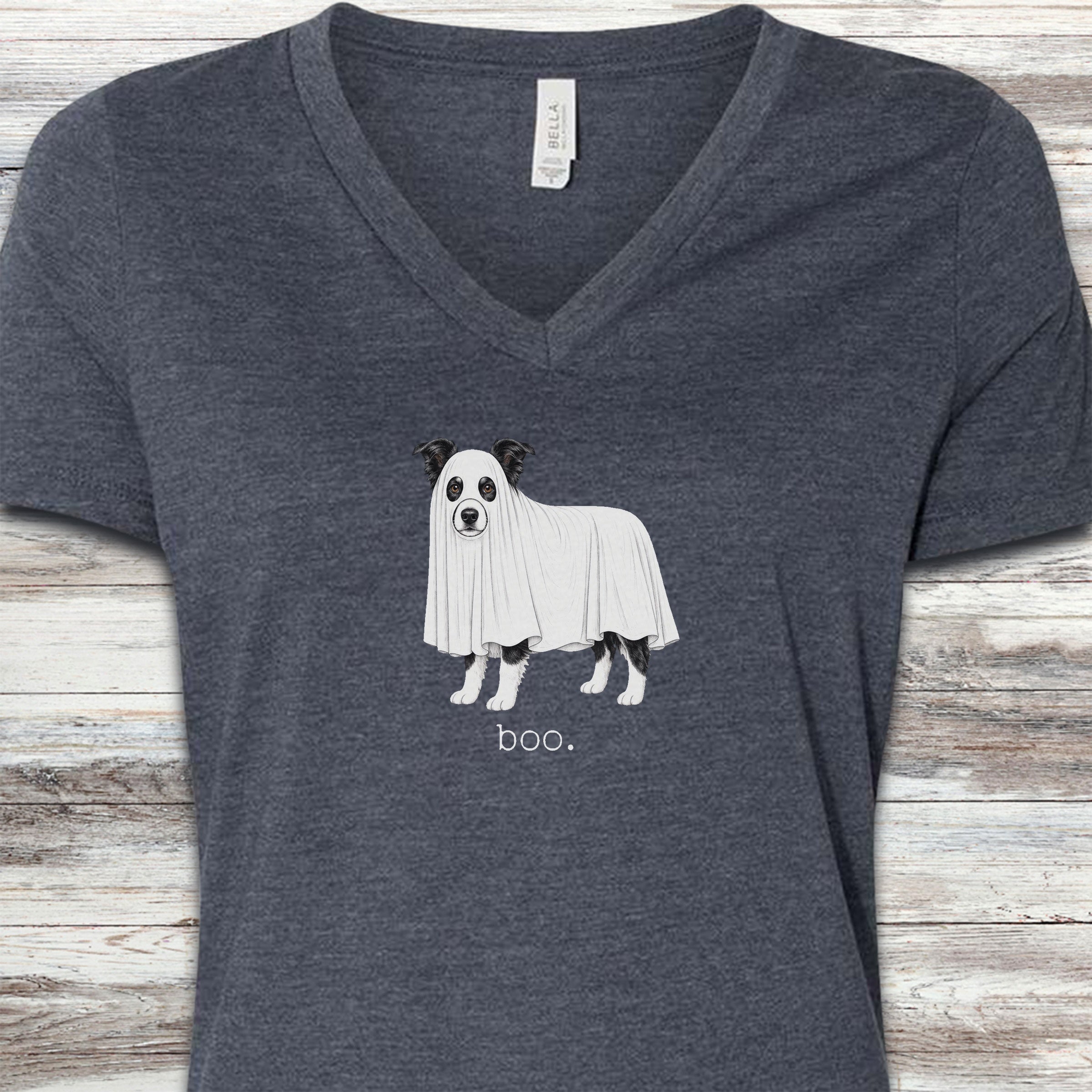 Border Collie Boo V-Neck Tee - Heather Navy