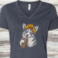 Corgi Herd You Beanie V-Neck Tee - Heather Navy