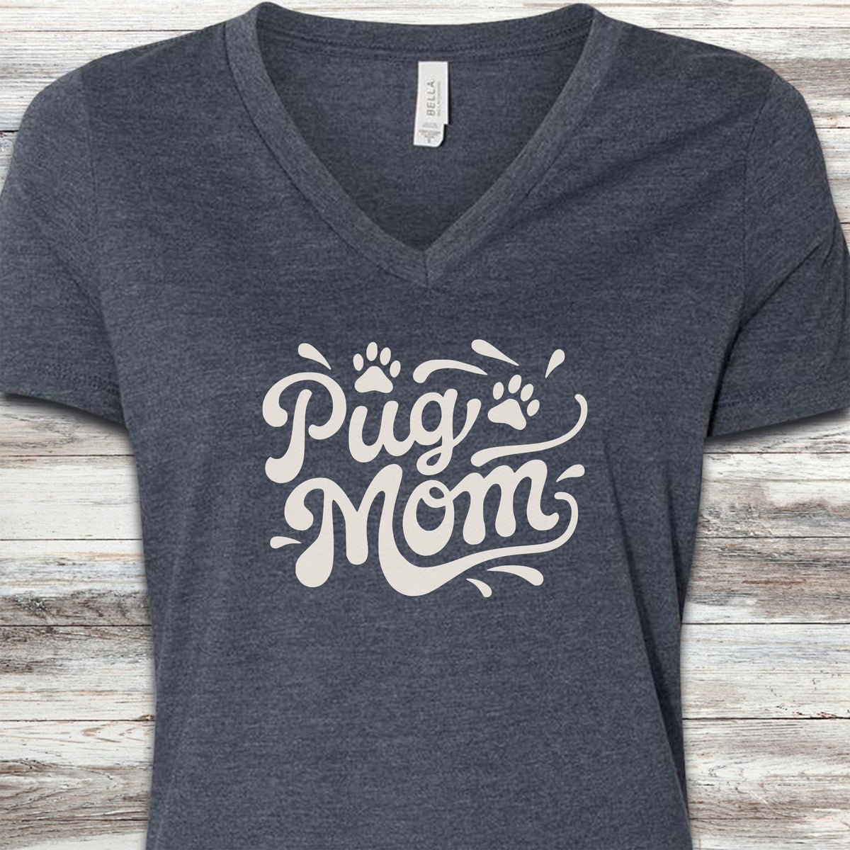 Pug Groovy Mom V-Neck Tee - Heather Navy