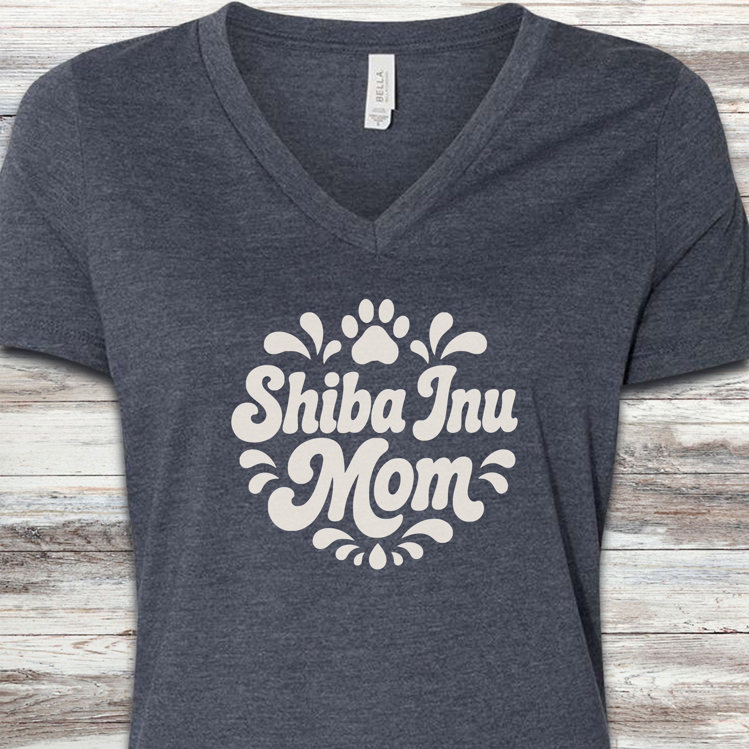 Shiba Inu Groovy Mom V-Neck Tee - Heather Navy