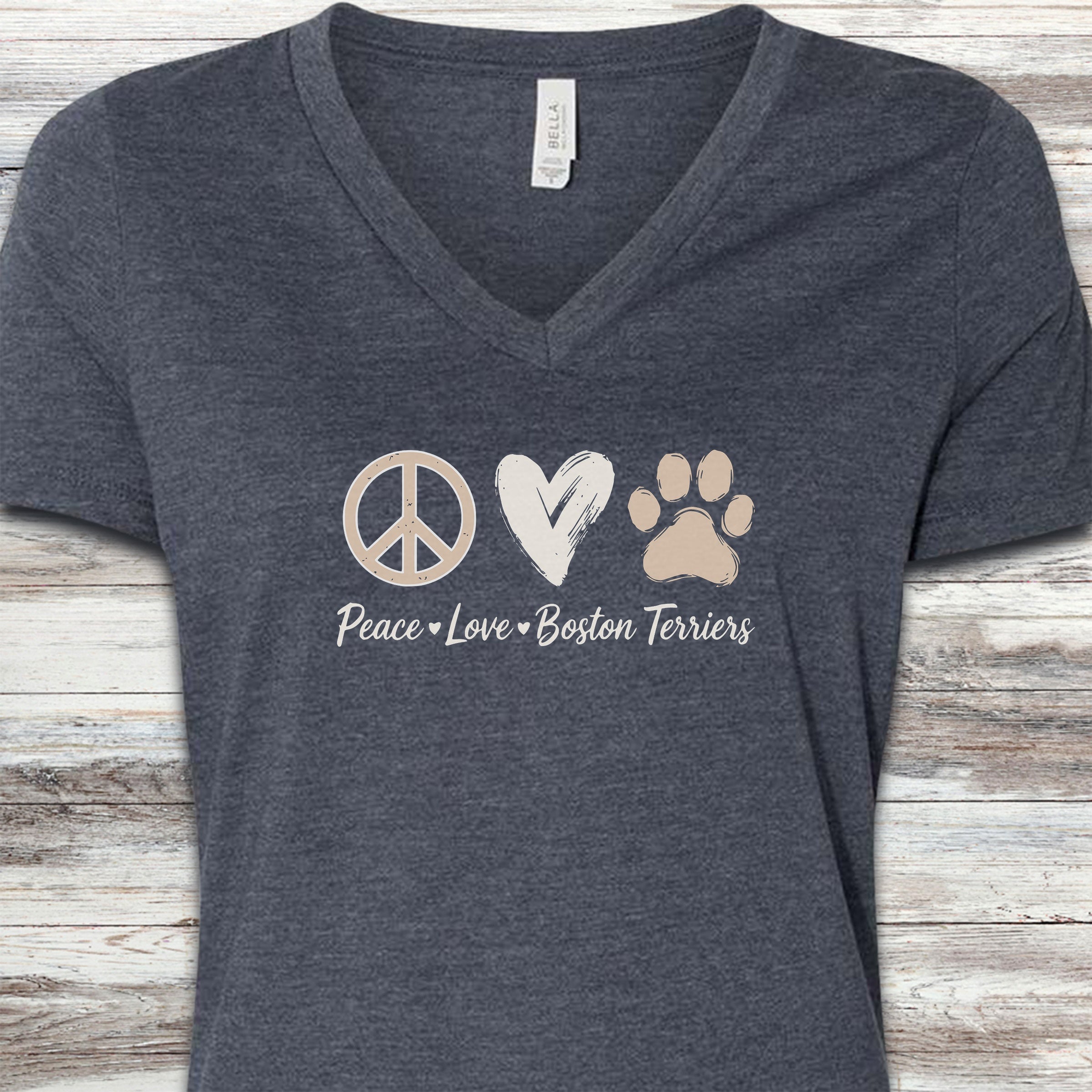 Boston Terrier Peace V-Neck Tee - Heather Navy