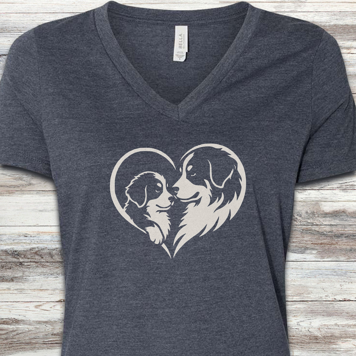 Bernese Mountain Dog Heart Bond V-Neck Tee - Heather Navy