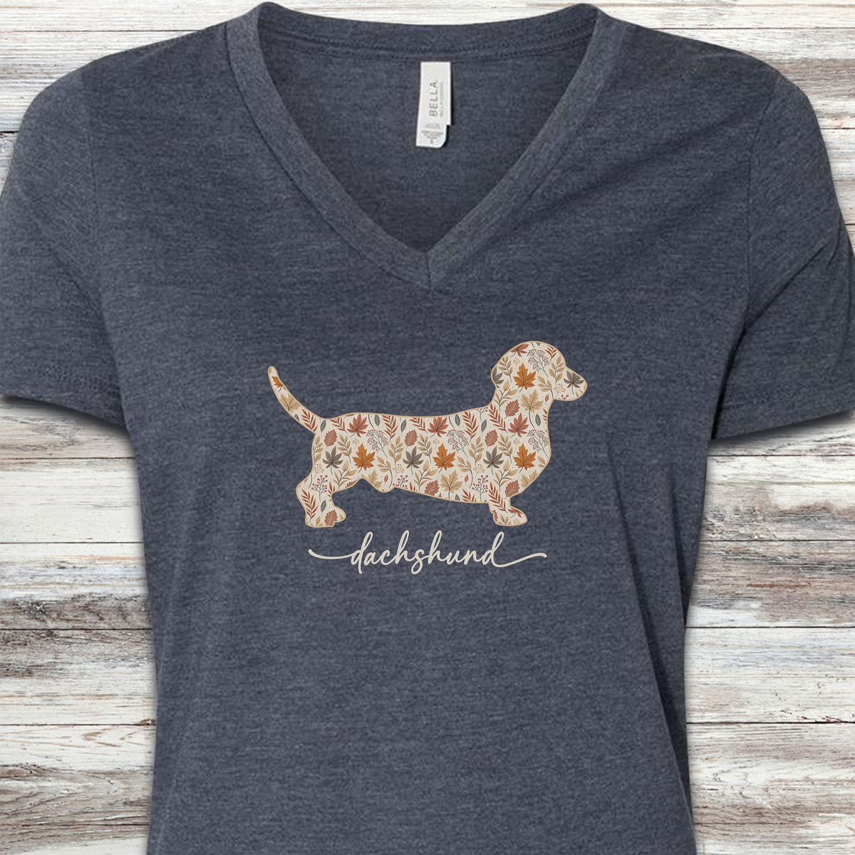 Dachshund Fall V-Neck Tee - Heather Navy