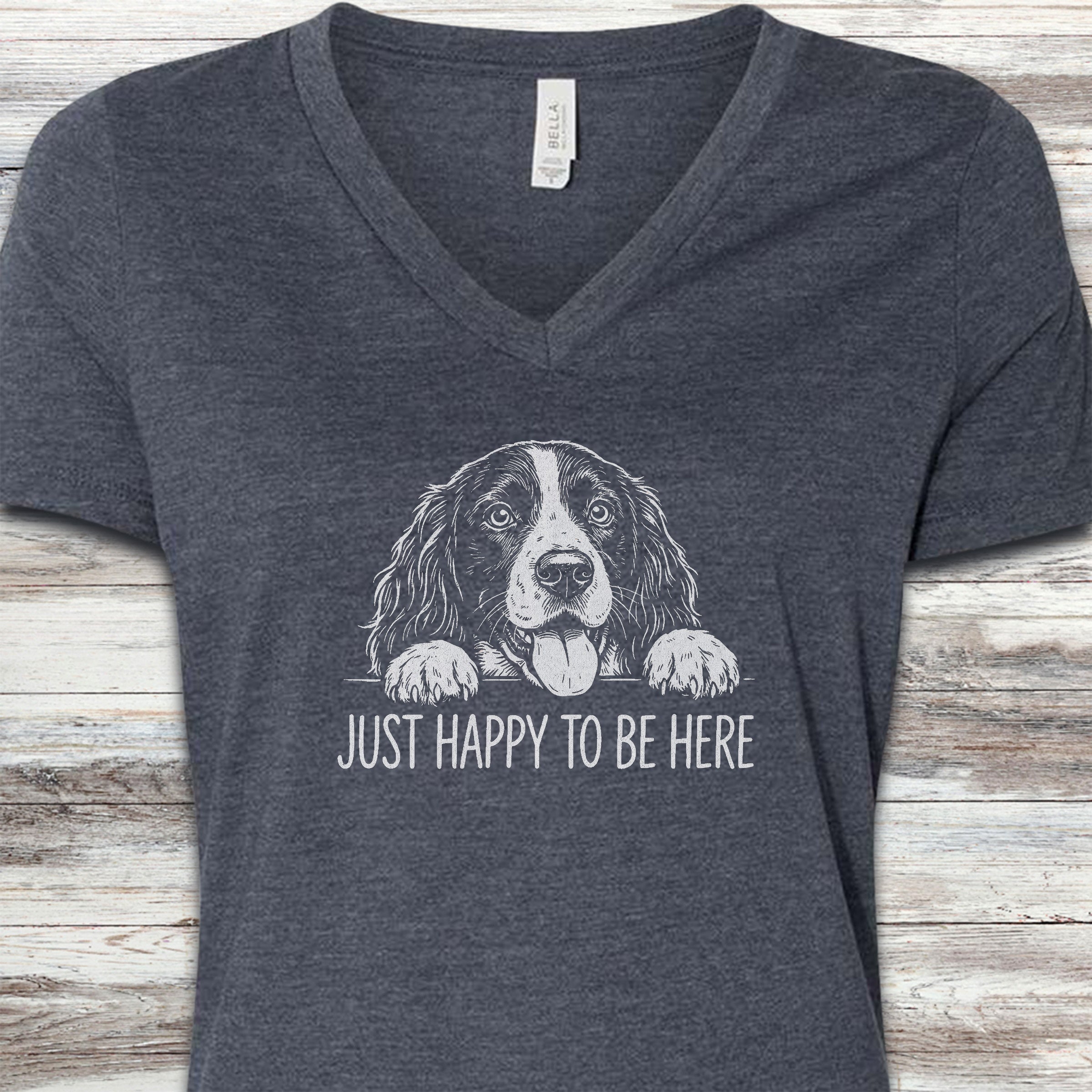 English Springer Spaniel Happy V-Neck Tee - Heather Navy