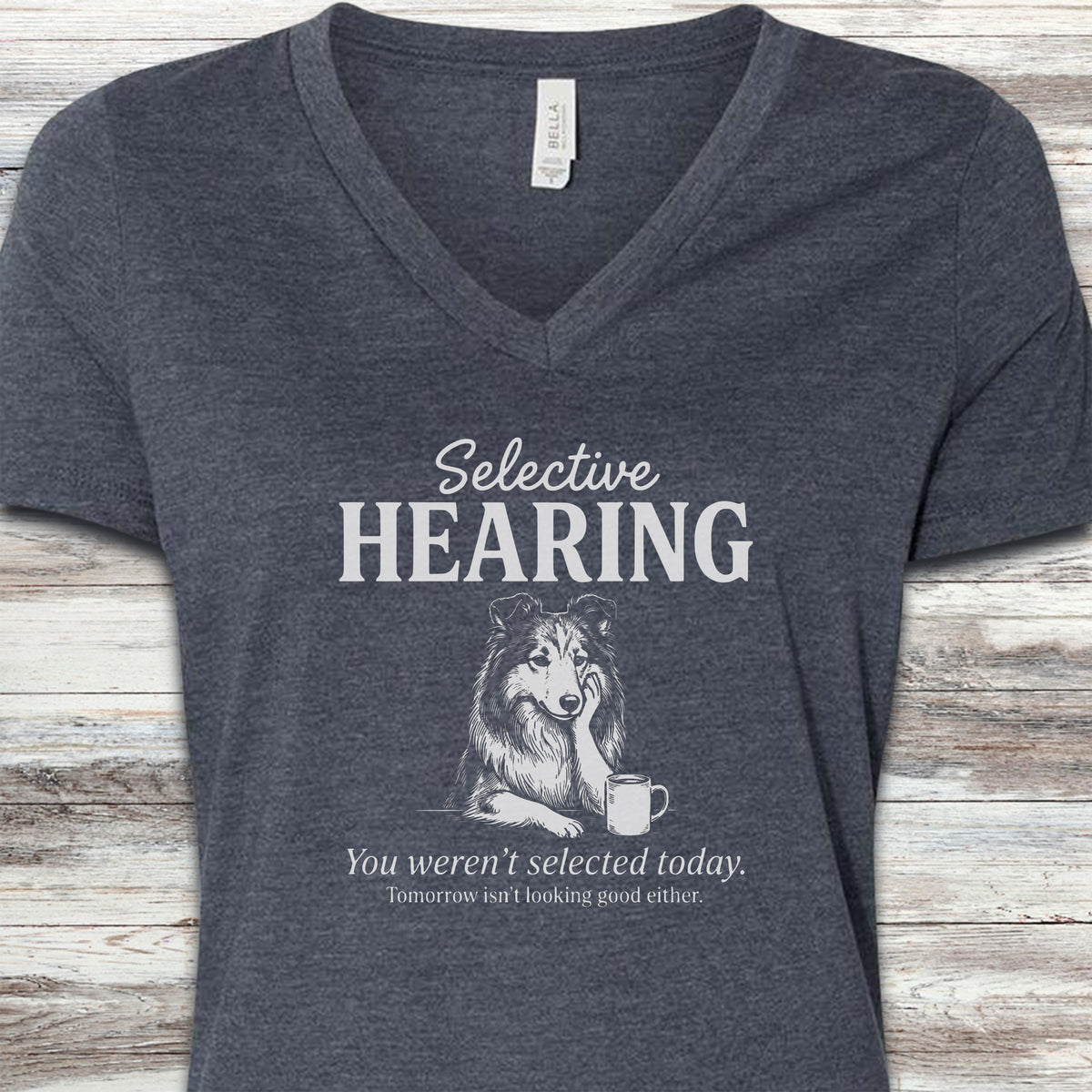 Rough Collie Selective Hearing V-Neck Tee - Heather Navy