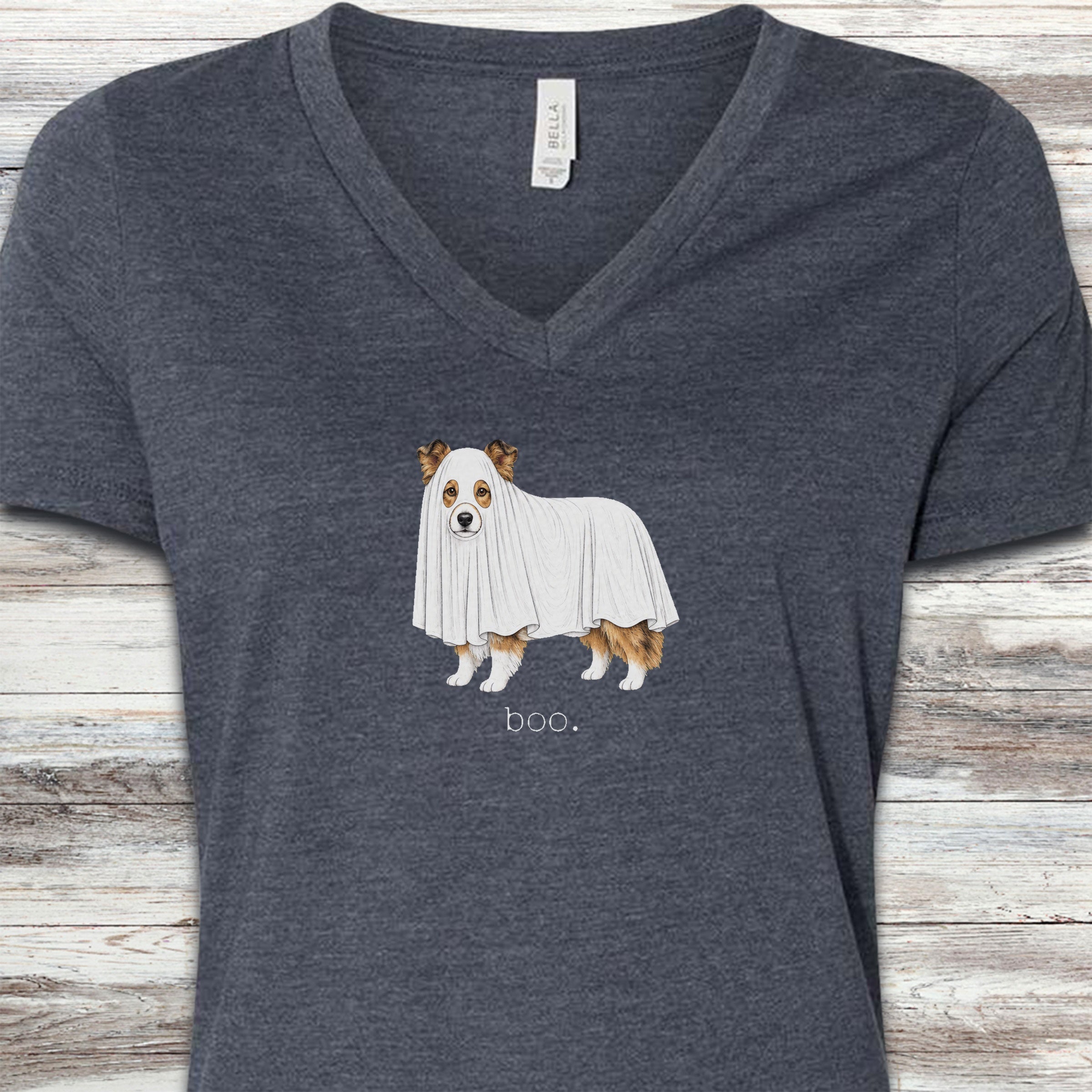 Shetland Sheepdog Boo V-Neck Tee - Heather Navy