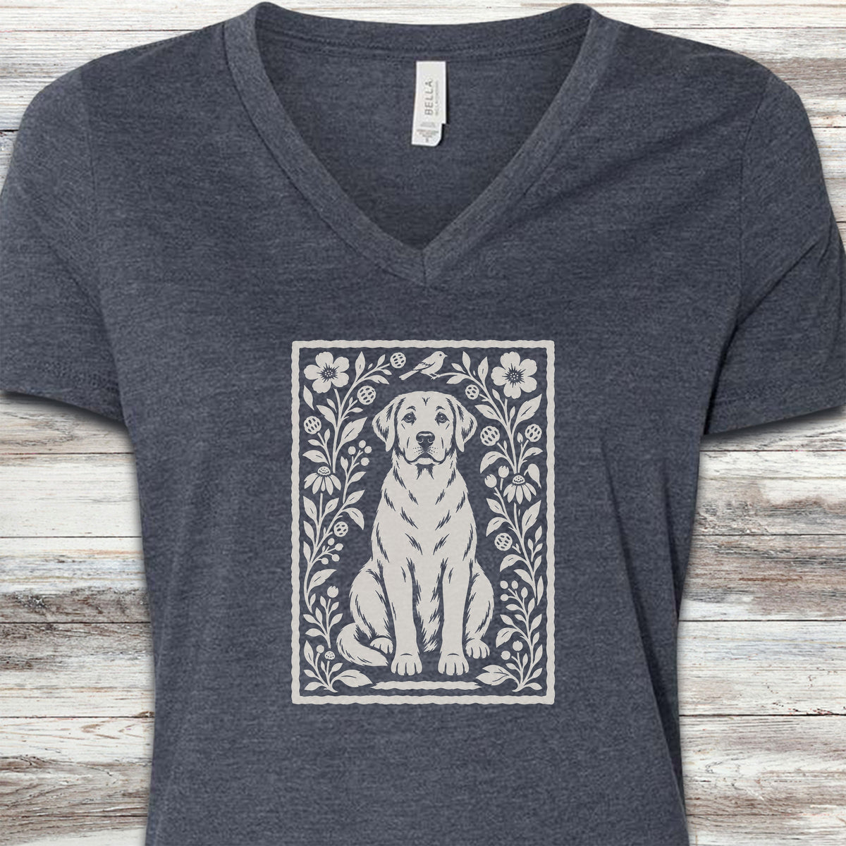 Labrador Retriever Yellow Folk Art Floral V-Neck Tee - Heather Navy